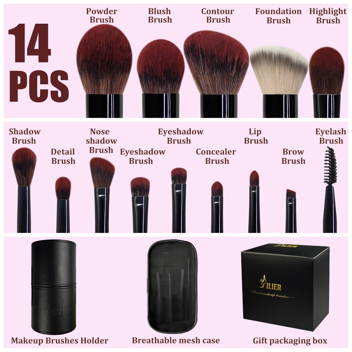 Jilier Travel Makeup Brush Set, 14 pcs Mini Makeup Brushes for Foundation, Powder, Eyeshadow, Highlight, Contour, Blush & Concealer, Small Makeup Brush Set Purse Size with Case