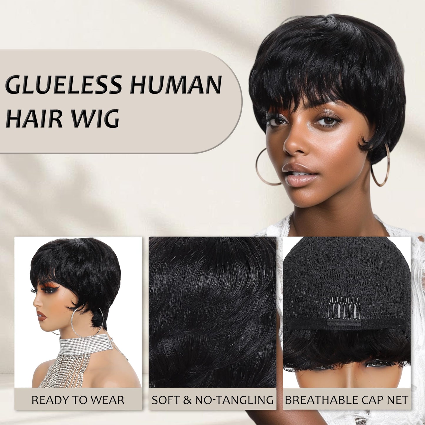 beauty proya Pixie Cut Human Hair Wigs for Black Women Short Layered Pixie Wigs with Bangs Natural Black 4" Brazilian Virgin Straight 100% Human Hair Wear and Go