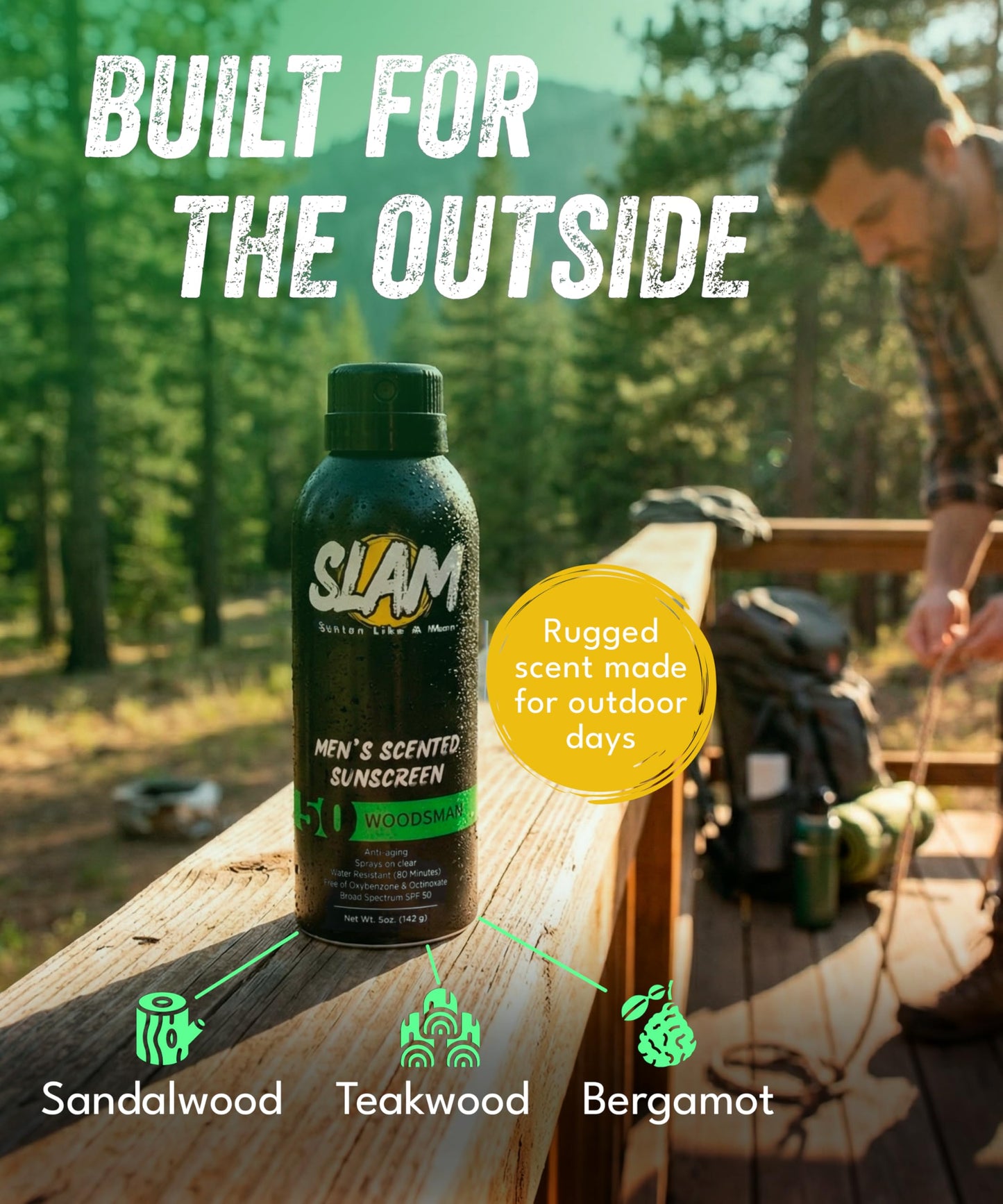 SLAM Men’s Sunscreen SPF 50 Spray - Broad Spectrum UVA/UVB Protection - Non-Greasy & No Harsh Chemicals - WoodsMan Sandalwood Teakwood Bergamot Cologne Scented - 2 Pack