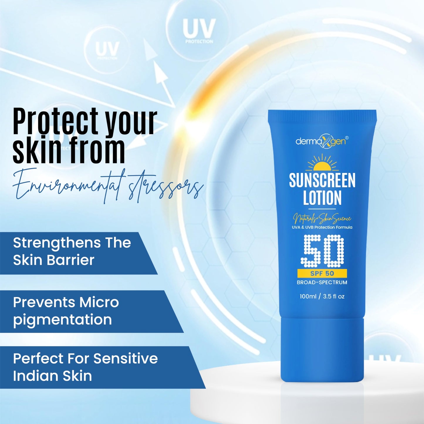 Dermaxgen Sunscreen Lotion SPF 50 – Lightweight, Non-Greasy Sun Protection for All Skin Types. Hydrates, Skin Shield , Water-Resistant Coverage for Radiant, Moisturized Skin.