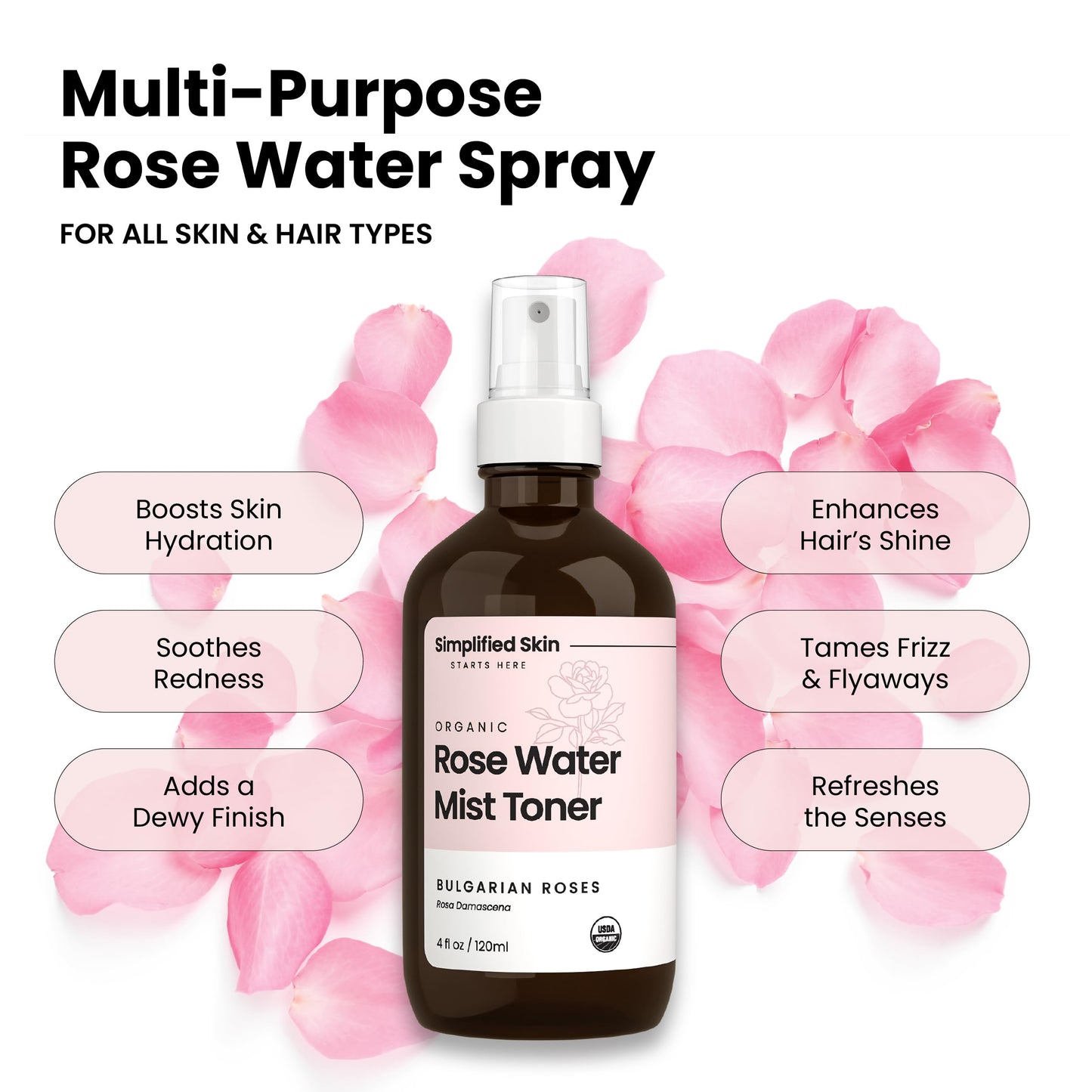 Simplified Skin Rose Water Spray for Face & Hair, Rosewater Mist Toner