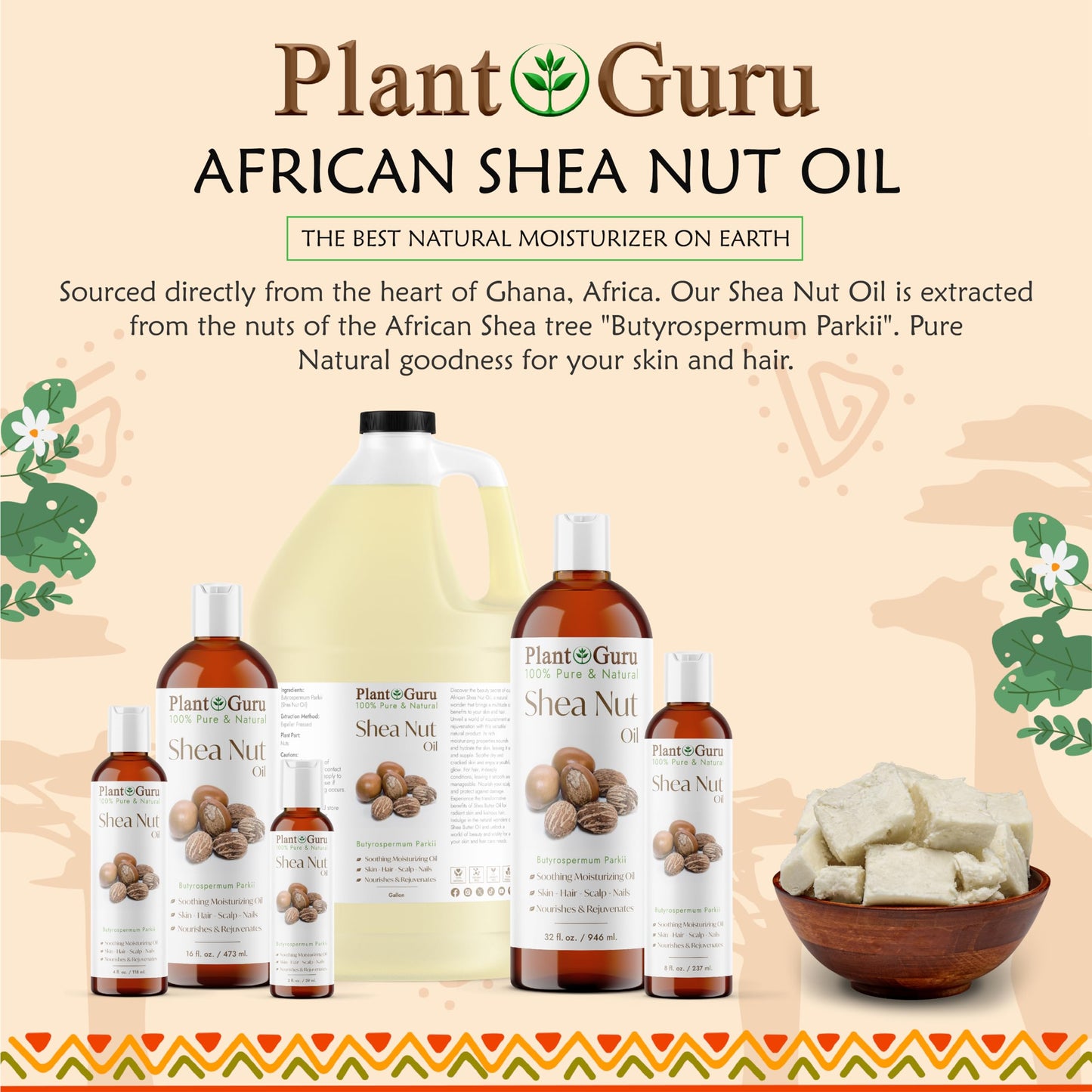 Plant Guru African Shea Nut Butter Oil 32 fl. oz. 100% Pure Natural Skin, Face, Hair Growth And Moisturizer. DIY Body Butters, Lotions, Creams, Lip Balm And Soap Making.
