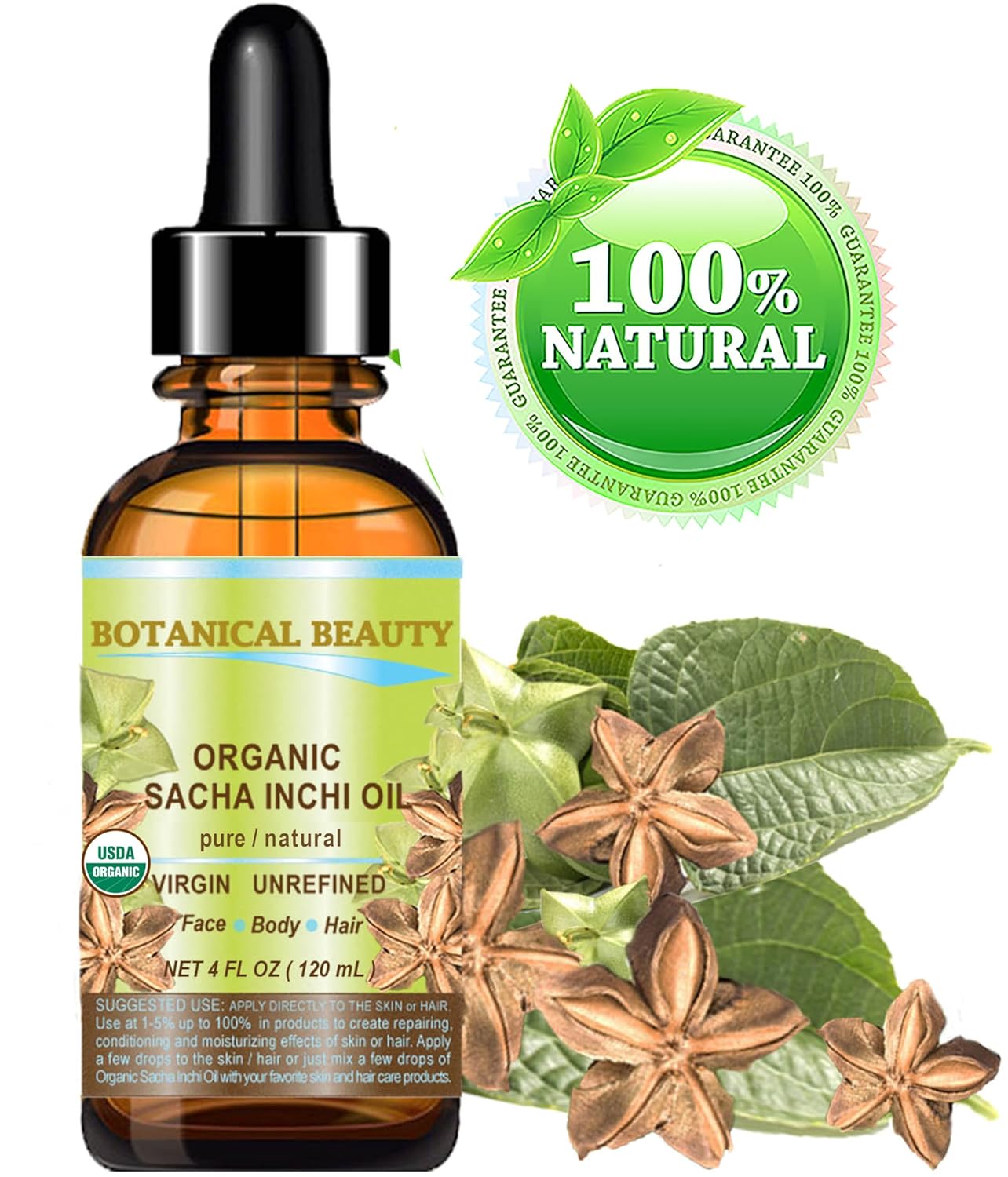 Organic Sacha Inchi Oil - 100% Pure Virgin Cold Pressed Carrier Oil for Face, Skin & Hair | 4 Fl Oz (120 ml)