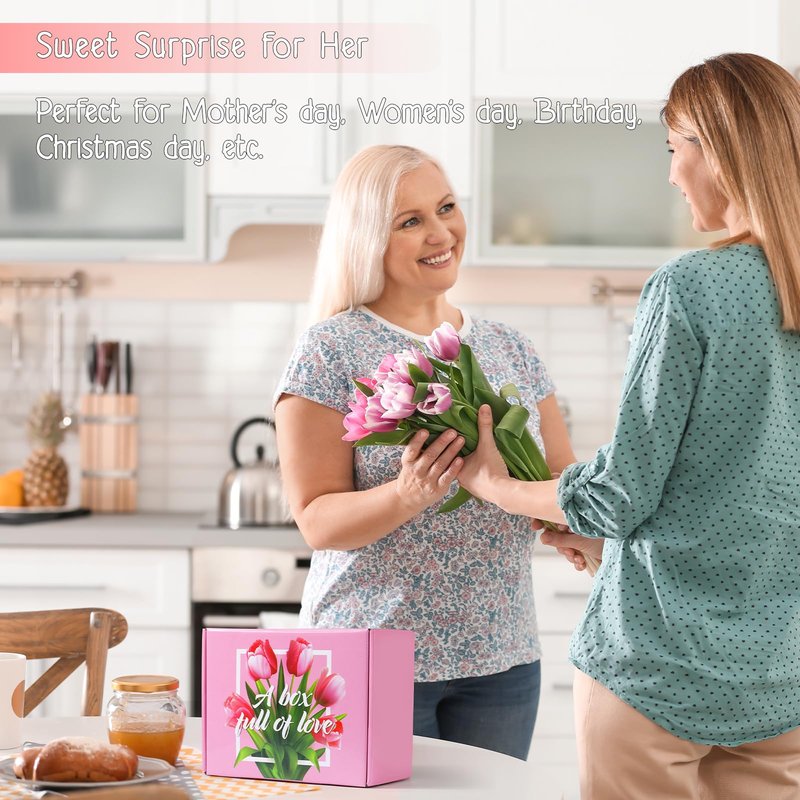Christmas Gift baskets for Women, Christmas Gift Sets for Mom, Her, Wife, Girlfriend, Care Package for Women, Birthday Unique Gifts, Holiday Gifts Basket with Canvas Tote Bag Sock Tumbler Flower Pink