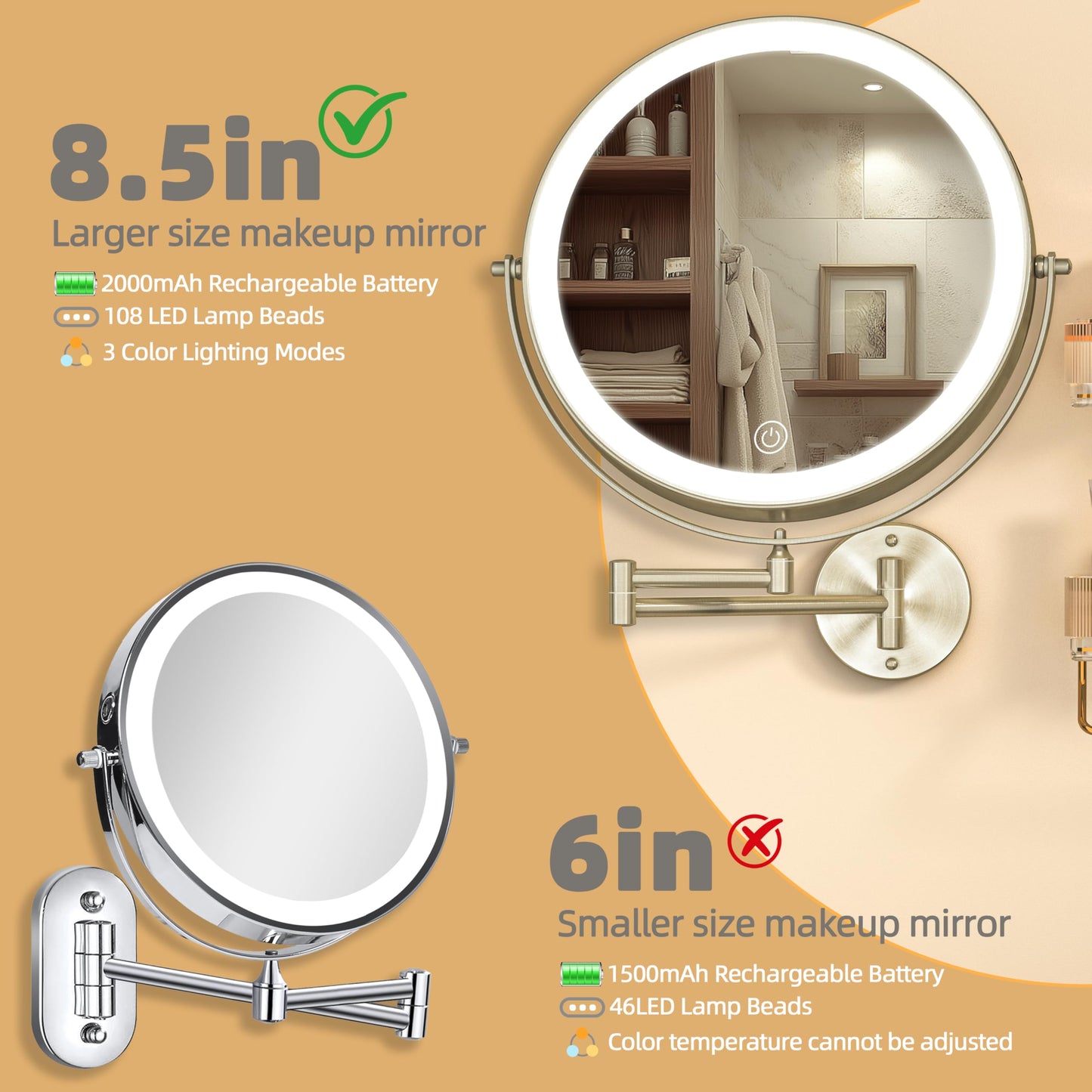 Batuso 8.5" Wall Mounted Makeup Mirror with Light, 2000mAh Rechargeable Double Sided 1X / 10X Magnifying Vanity Mirror, 3 Color Lights Touch Dimmable 360° Rotation Bathroom Mirror, Nickel
