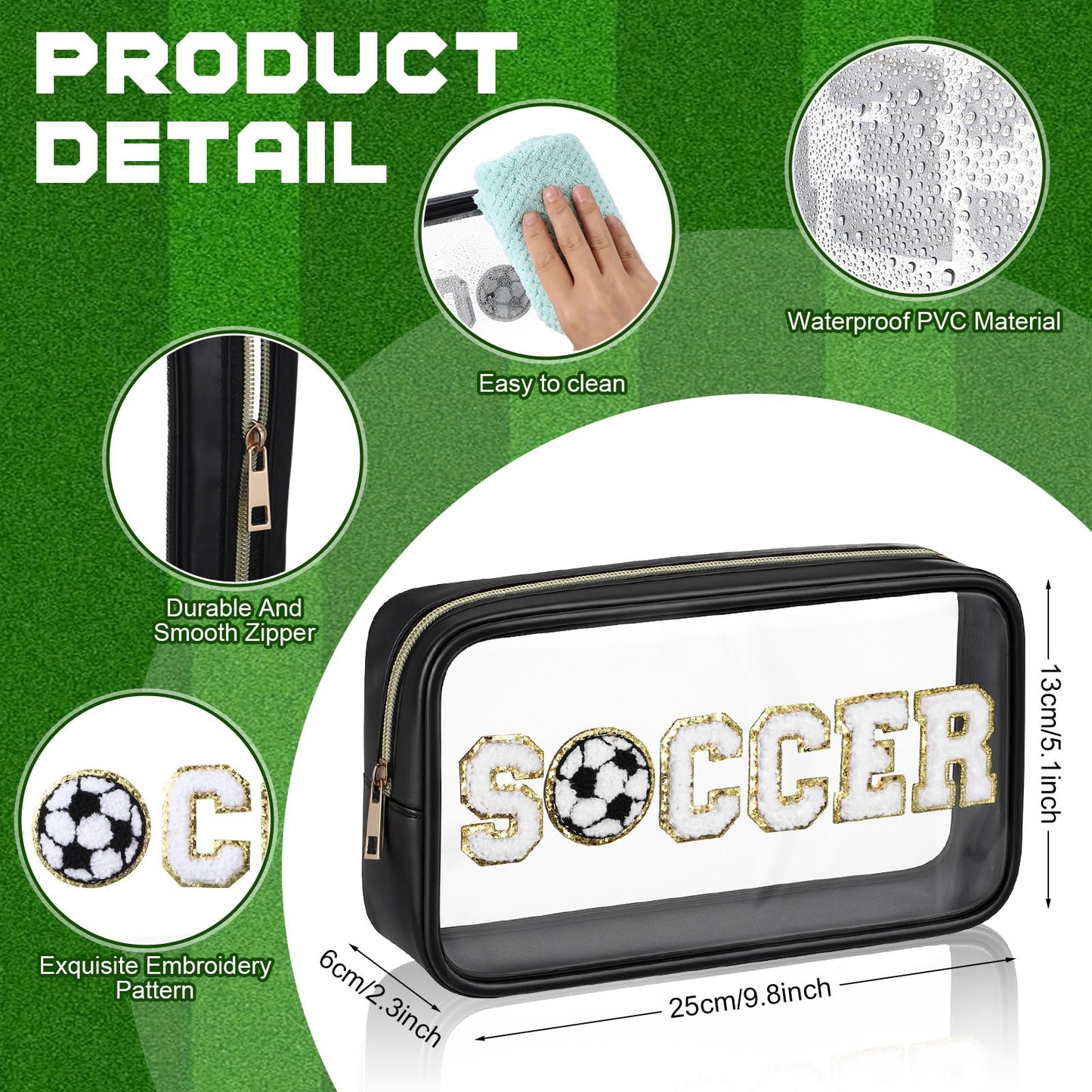Reallnaive 6 Pcs Soccer Clear Cosmetic Makeup Bag with Chenille Letter Patch Sport Team Gift Goodie Snack PVC Pouch Organizer Waterproof Travel Toiletry Bags for Sports Theme Birthday Party Supplies