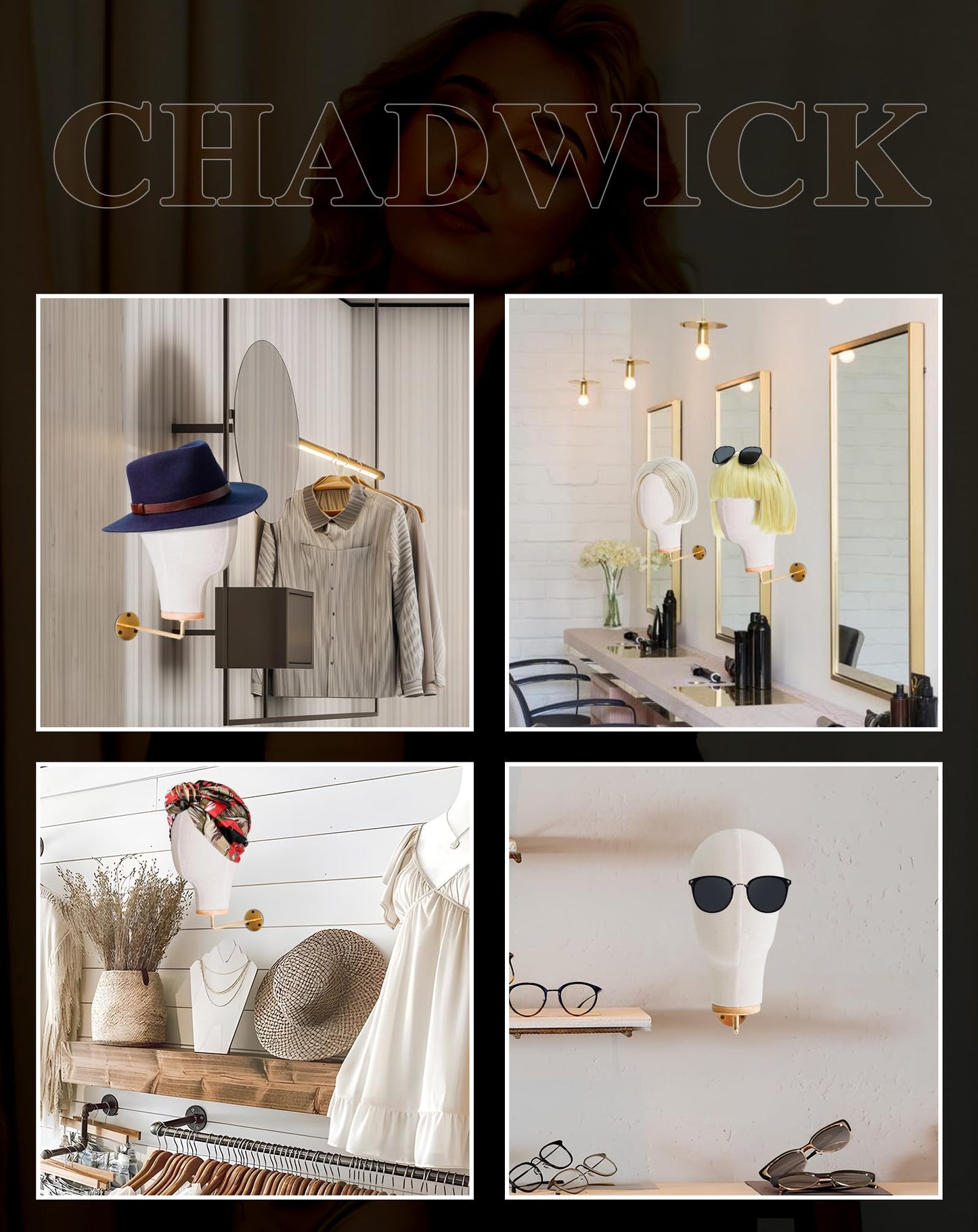 CHADWICK Mannequin Head Wall Mount, Hanging Wig Stand for Wigs, Hats, Lash Mannequin Head, Hat Display Stand, Wig Holder for Multiple Wigs, Wig Storage Hanger, Cowboy Hat Rack (Unpinnable)