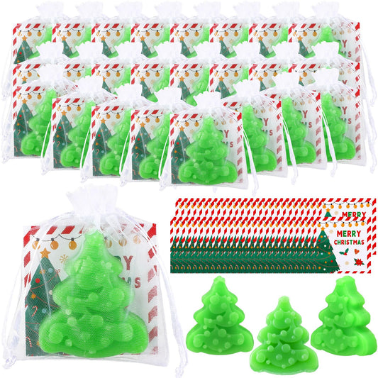 Leelosp 50 Sets Christmas Tree Soap Bar Gift Bulk Christmas Handmade Soaps with Card and White Organza Bags for Xmas Party Favors Gifts for Guests