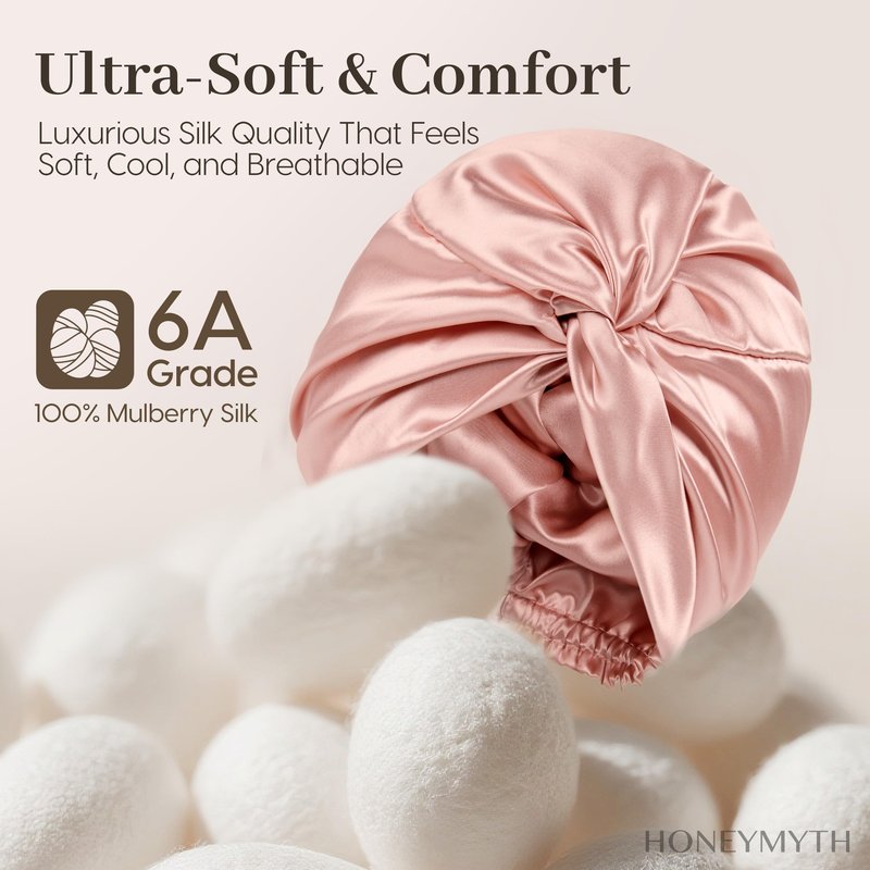 HONEYMYTH 100% Mulberry Silk Bonnet, 22 Momme Adjustable Double-Layer Hair Bonnet for Sleeping Women, Soft Sleep Cap for Curly Hair & Anti-Frizz Protection Pink