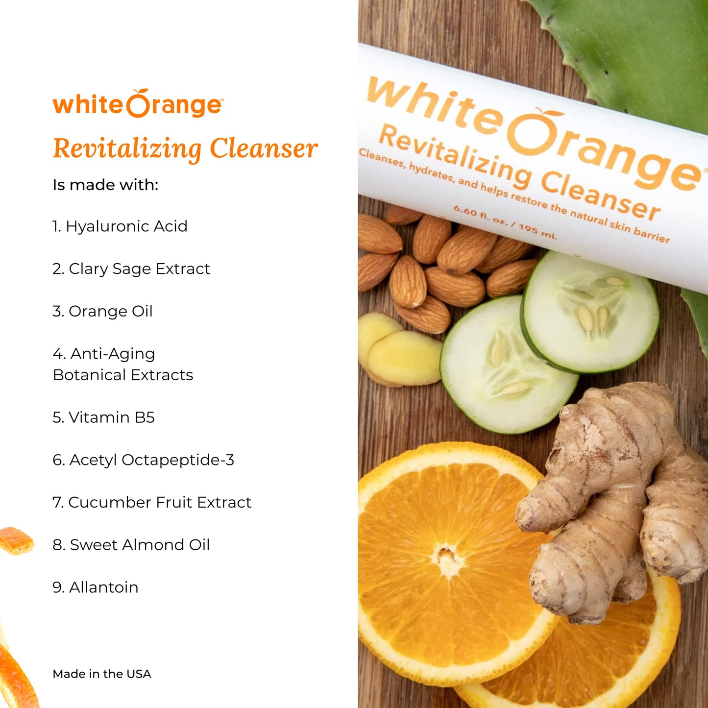 White Orange Revitalizing Cleanser, Ultra Hydrating Facial Cleanser with Hyaluronic Acid and 11 Botanicals including Orange Oil, Sulfate and Paraben-Free