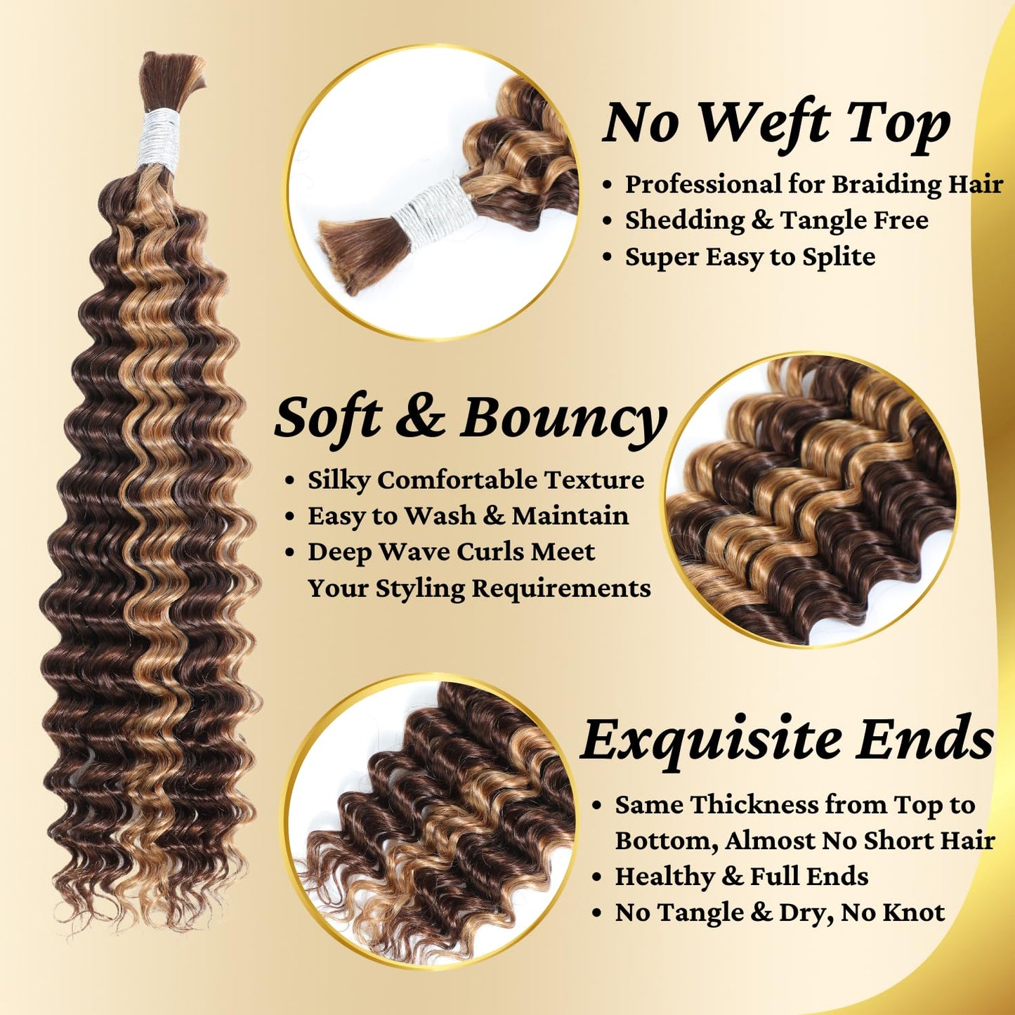 Syrenlore Highlighted Honey Blonde Braiding Human Hair for Boho Knotless Braids 18 Inch 50G LIGHT BULK, Ombre 4/27 Curly Braiding Hair Deep Wave Human Hair Bulk, No Weft Blonde & Brown Hair Extensions