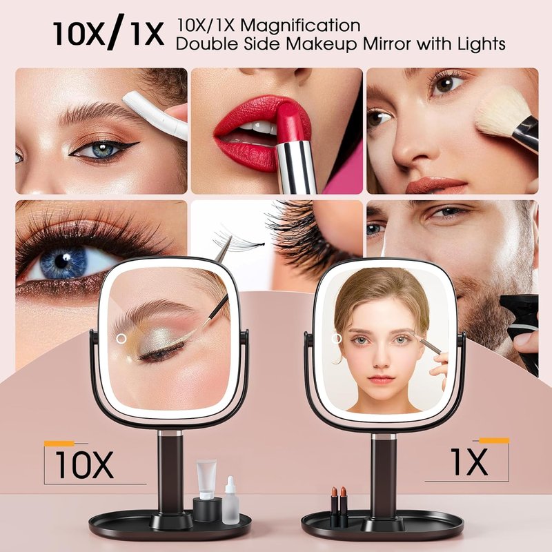 Makeup Mirror with Lights - 10x/1x Magnifying Rechargeable Desk Mirror | 3-Color Lighting & 360° Adjustable (Black)