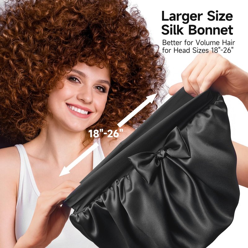 Double-Sided 22 Momme 100% Real Mulberry Silk Bonnet for Sleeping Women, Large Hair Care Bonnet for Long Curly Hair, Double Layer Silk Wrap with Soft Elastic Band, Non-Slip Sleep Cap, Jet Black