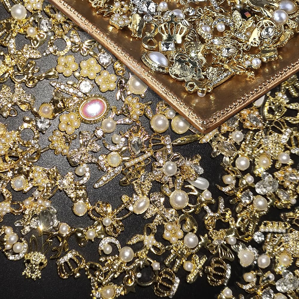 50pcs Gold 3D Alloy Flowers Bows Butterfly Star Crown Heart Charms for Nail Art Design - Mixed Gems Rhinestones Jewels Supplies