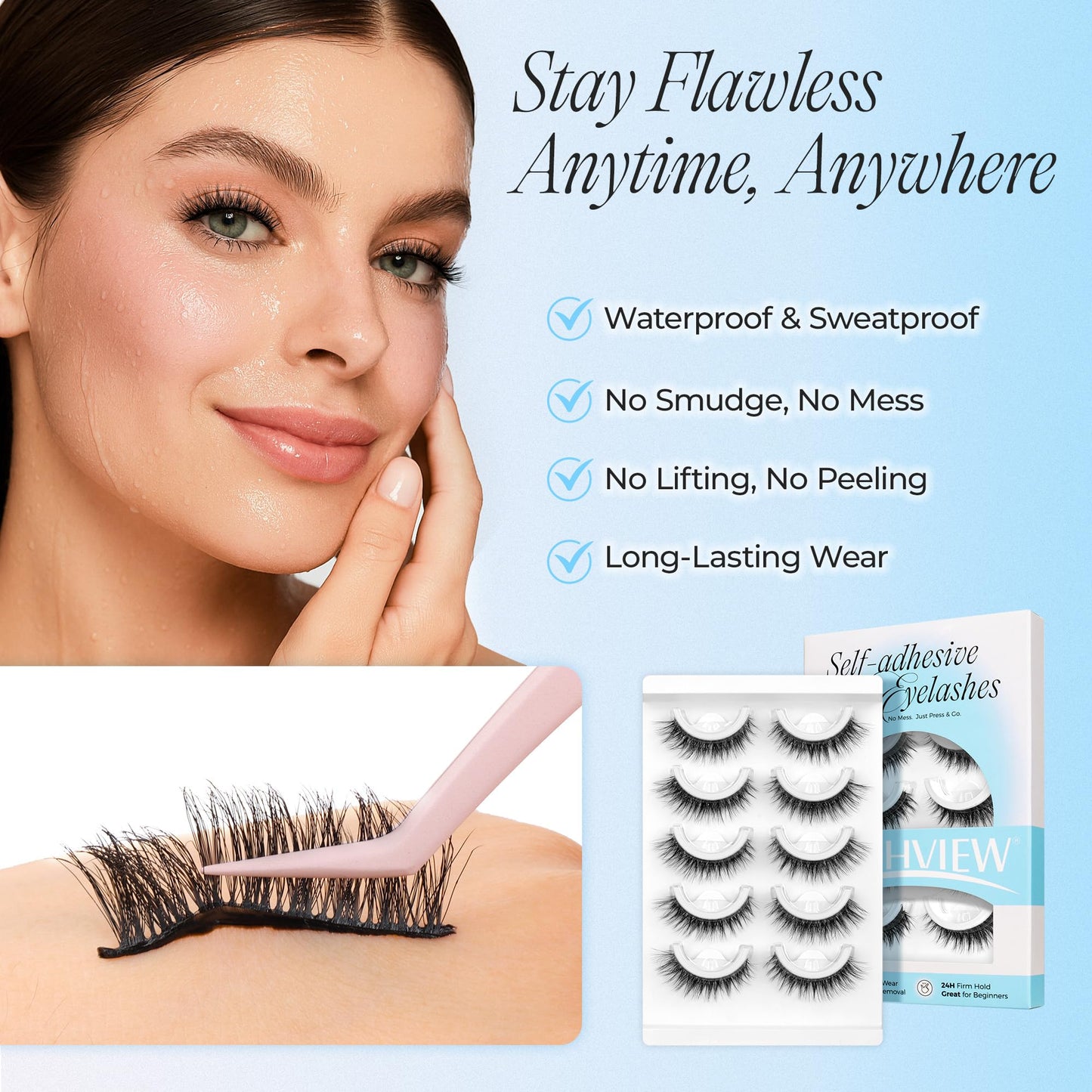 LASHVIEW Self Adhesive Eyelashes Natural Look, 5 Pairs Press On Lashes No Glue Need Eyelashes, Reusable Wispy False Lashes with Replacement Adhesive Strips (ZN122)