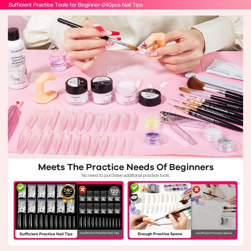Glamonade Acrylic Nail Kit for Beginners: Professional Nail Set with Drill Acrylic Powder Gel Polish Nail Stamp for Home Starter Practice & DIY Manicure