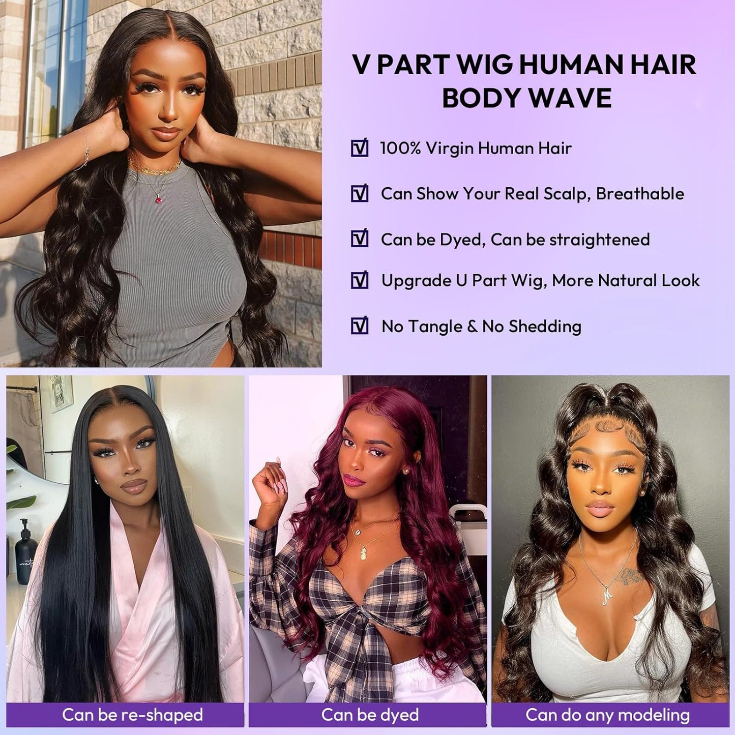 V Part Wig - Human Hair Body Wave Glueless U Part Wig | 200% Density, 18 Inch for Black Women