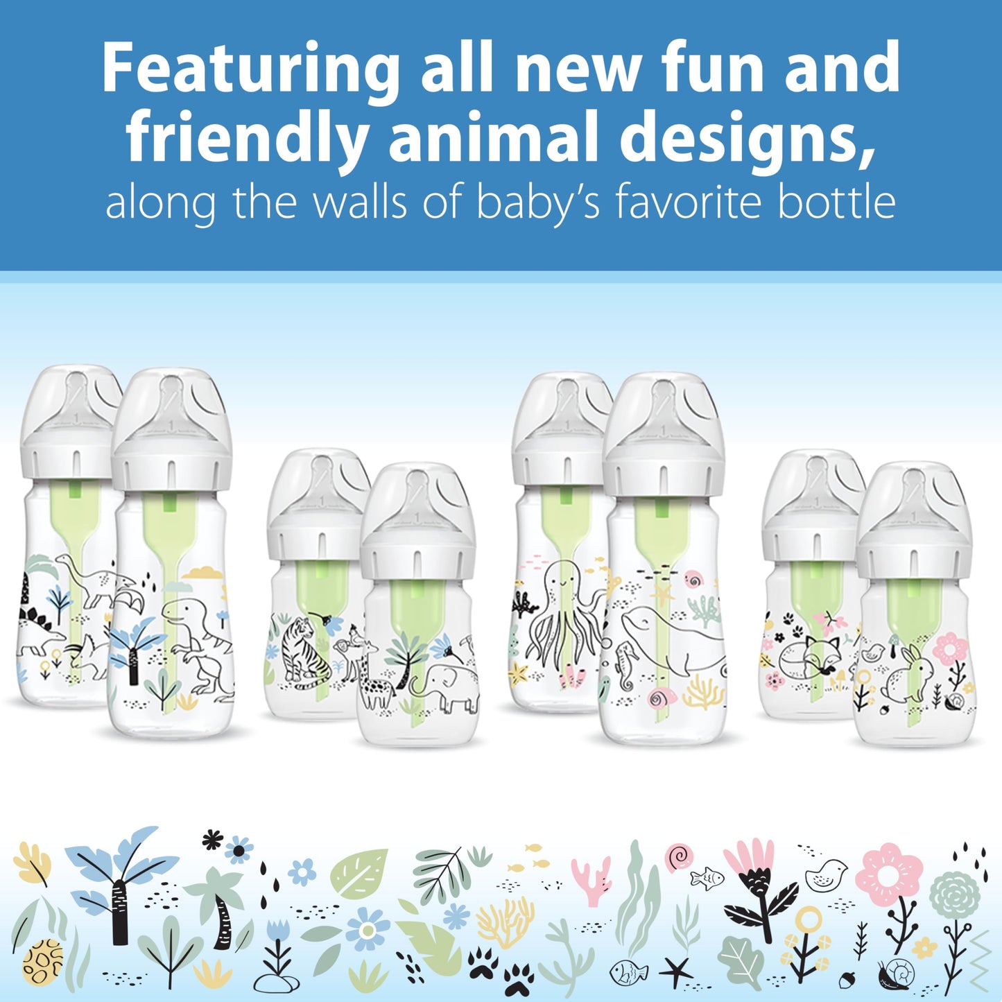 Dr. Brown's Anti-Colic Options + Wide-Neck Baby Bottle Designer Edition Dino Decos, 9oz/270mL, Level 1 Slow Flow Nipple, BPA-Free, 0m+, 2-Pack