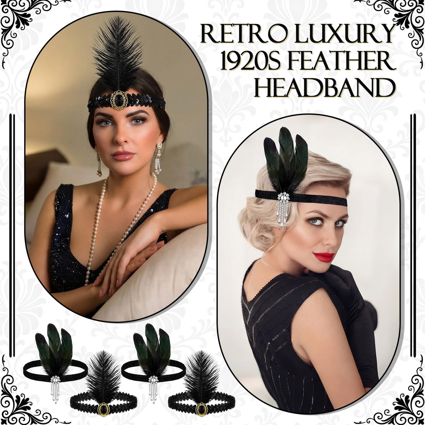 Ceenna 24 Pieces 1920s Flapper Headband Black Feather Headband Costume Flapper Headpiece 20s Rhinestone Hair Accessory for Women