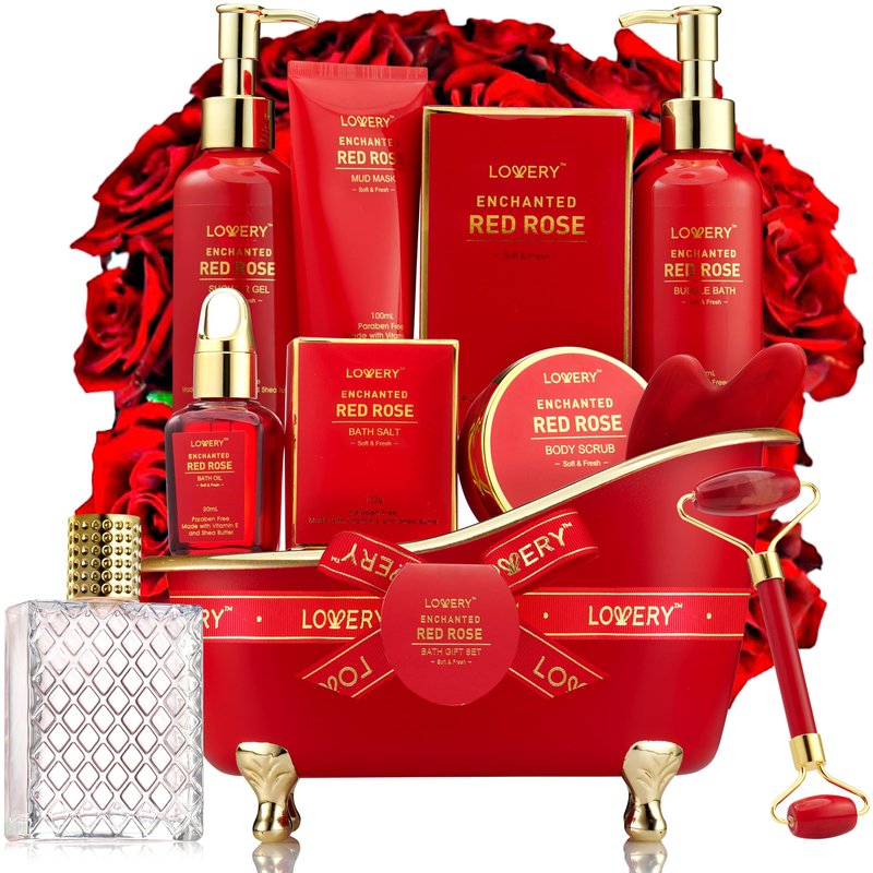 Mothers Day Gifts, Spa Gifts for Women, Bath and Body Gift Set, Red Rose Gift Basket Relaxation, Pampering, Thank You, Birthday Gifts for Mom Her with Perfume, Jade Roller, Quartz Gua Sha Stone & More