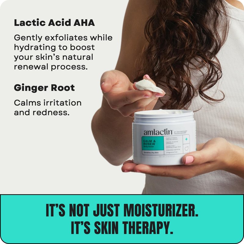 AmLactin Calm & Renew Body Butter - Therapeutic Skin Care Moisturizer for Sensitive Skin - No-Scrub Exfoliator and Body Cream for Dry Skin with Lactic Acid AHA and Soothing Ginger Root, 11oz