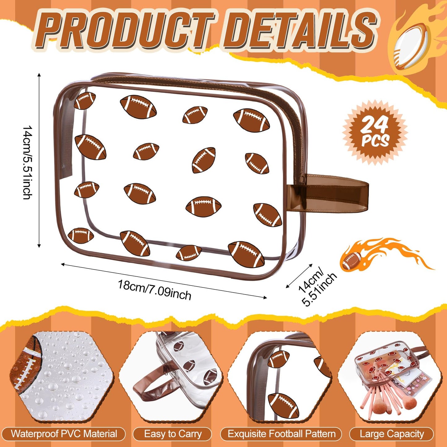 SilTriangle 24 Pcs Football Clear Makeup Bag with Zipper Bulk Sport Goodie Clear PVC Pouch Organizer Waterproof Travel Case for Woman Team Gifts Birthday Decorations Supplies