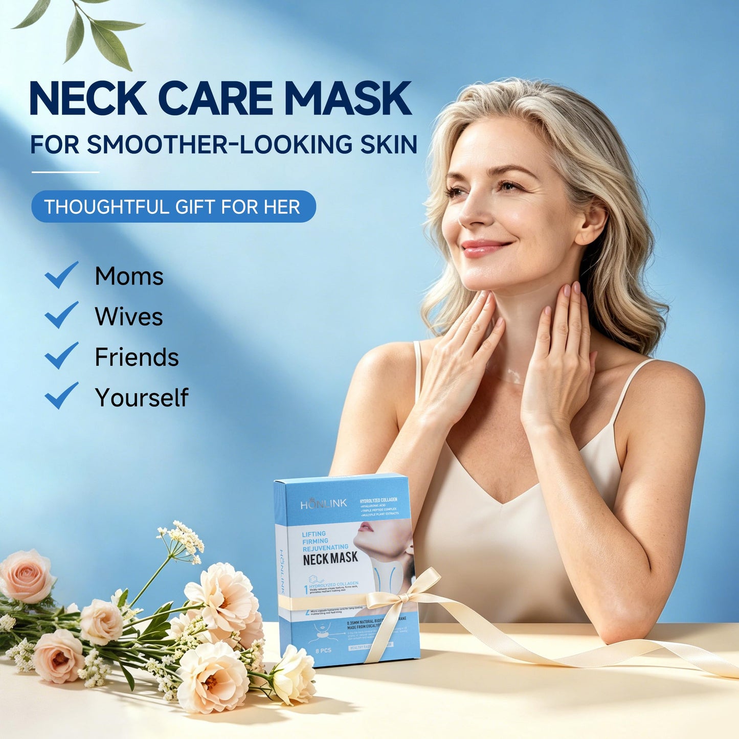 HONLINK Collagen Neck Mask, Hydrating Neck Care Masks with Hyaluronic Acid, Collagen & Peptides, Moisture Support for Soft & Smooth Looking Neck Skin, 8 Individually Packed Masks