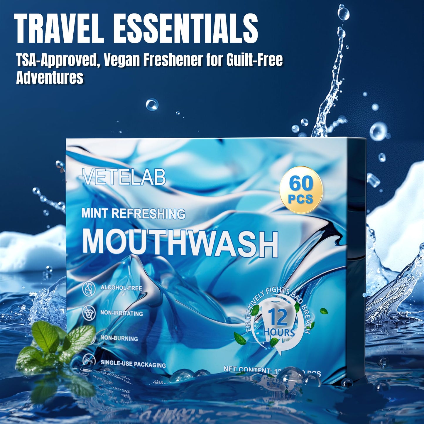 Portable Travel Size Mouthwash Packets - TSA-Approved Mini Mint Mouthwash for Adults, Alcohol & Fluoride-Free Oral Care for Air Travel, Dates & Office, 60 Individually Wrapped 0.4oz Packs