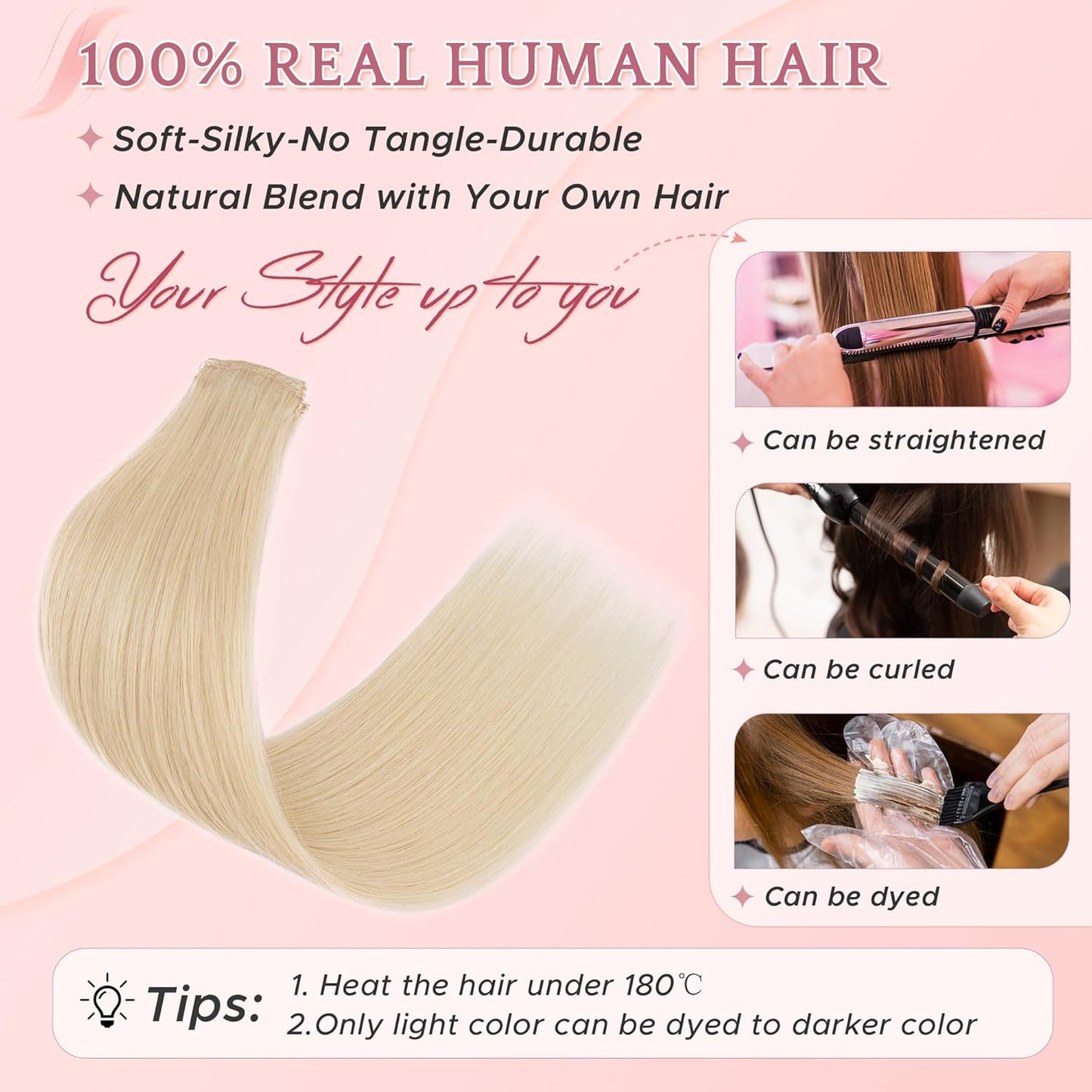 Real Human Hair Clip-In Extensions - 6 Pcs Remy Straight Seamless Hairpieces | 14 Inch #60 Platinum Blonde