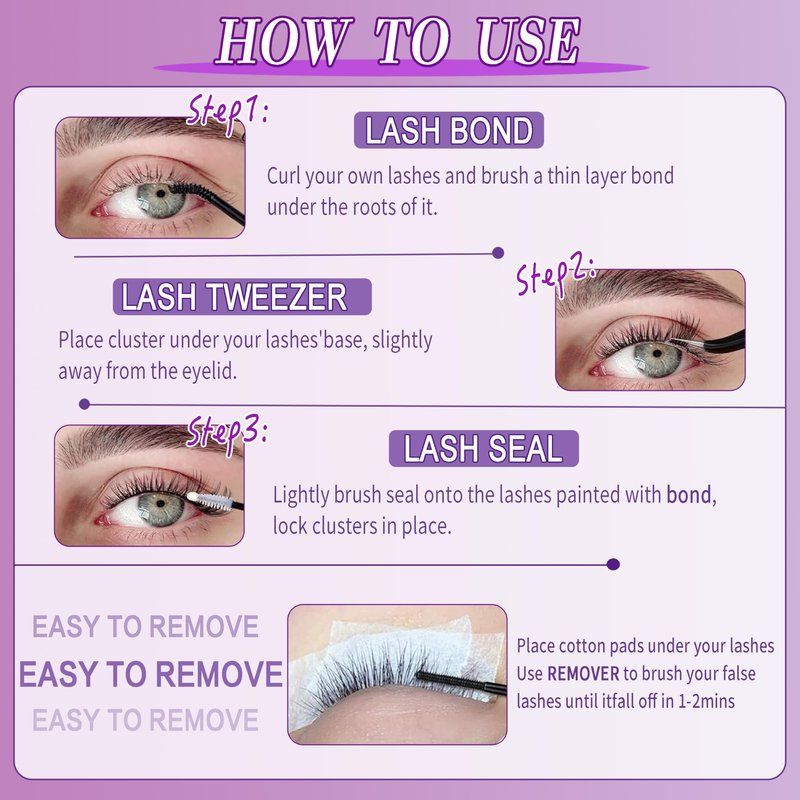 Lash Extension Kit 14-24mm Lash Clusters Kit 60D+80D+100D Thick Volume Eyelash Extension Kit D Curly DIY Individual Lashes 3 Style Lashes with Waterproof Lash Bond and Seal and Tweezers