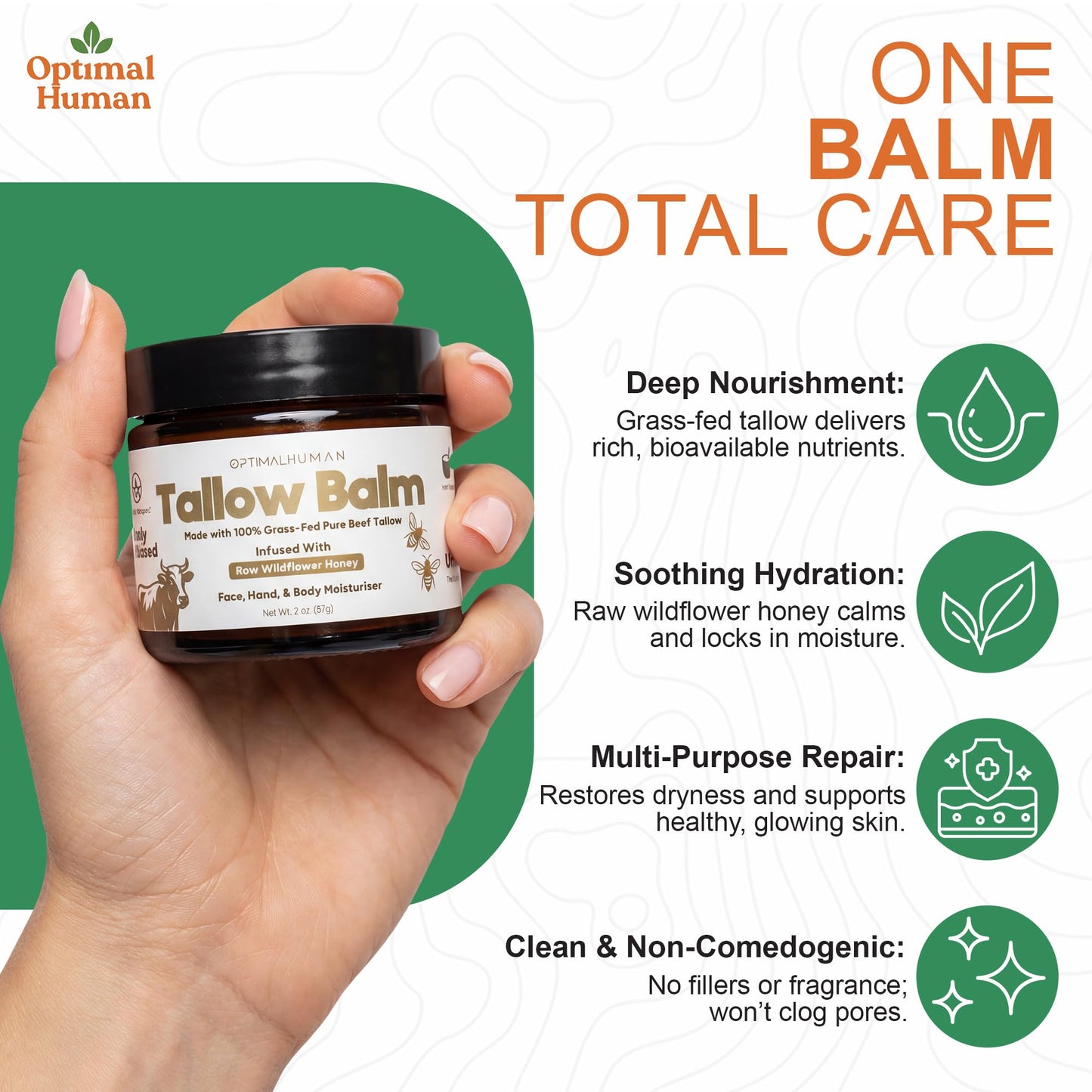 O H OPTIMAL HUMAN Grass-Fed Tallow Balm with Raw Honey, Face & Body - 2 Oz