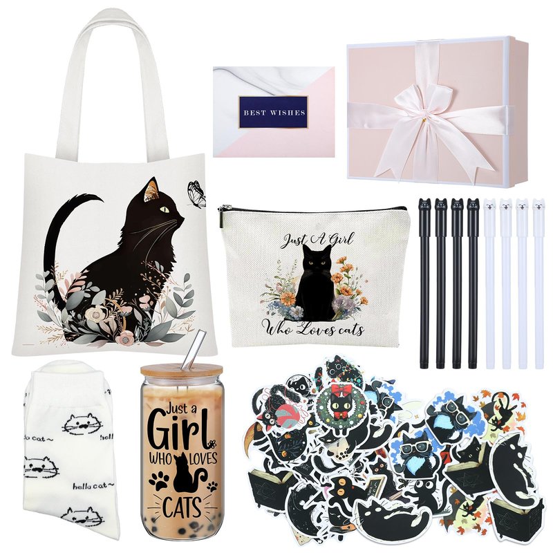 Aliceset 62 Pcs Cat Lover Gifts for Women Sets Include Tote Makeup Bag 18oz Glass Coffee Mugs Socks Pen Keychain Greeting Cards Cat Themed Gifts for Women Friend