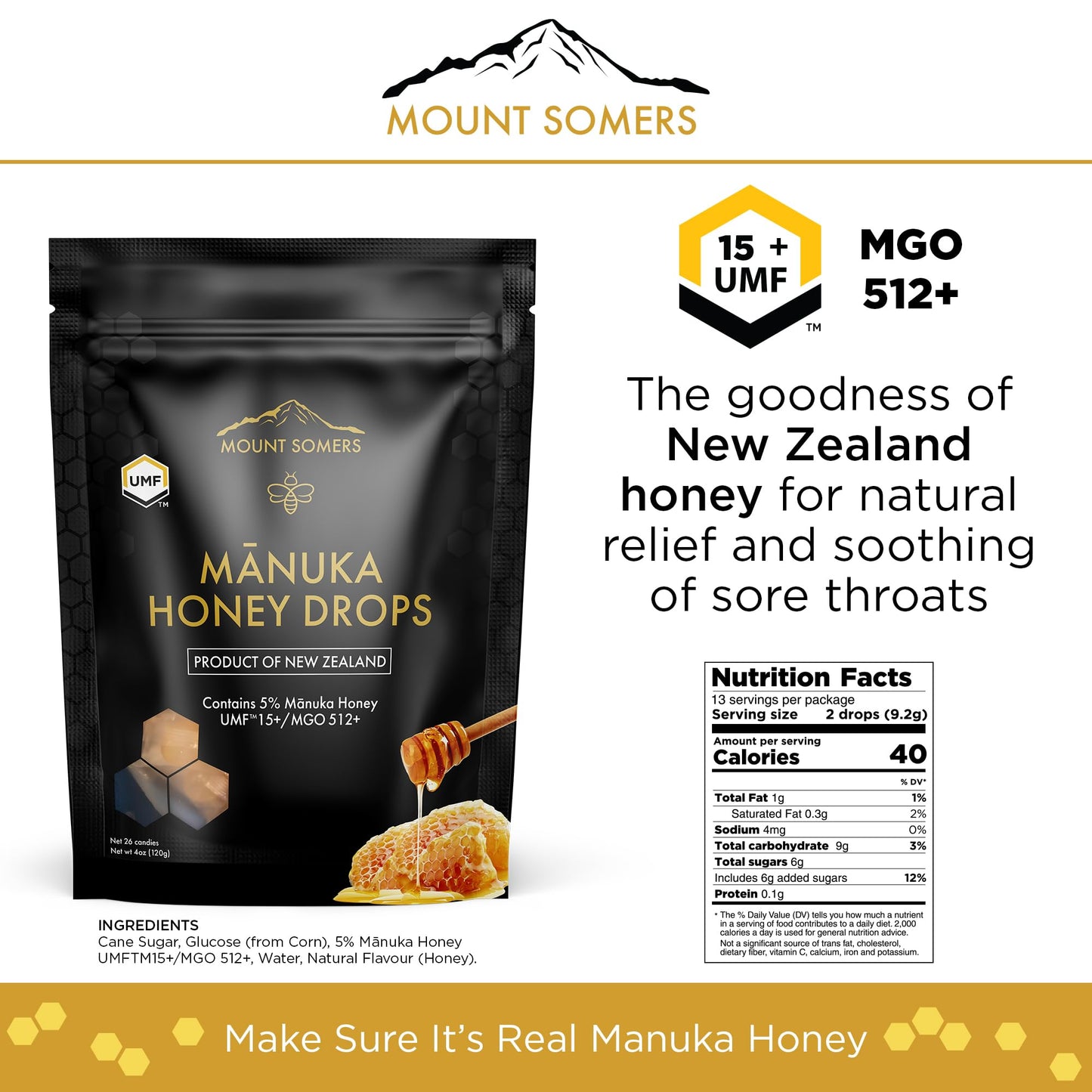 Mount Somers UMF 15+ Manuka Honey Drops - 26pcs Soothing Throat Lozenges from New Zealand, Natural Relief for Sore Throats
