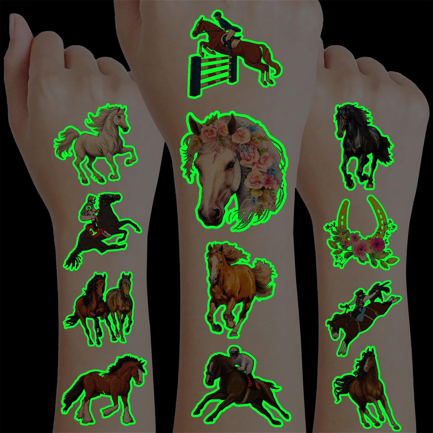 96 PCS Floral Cowgirl Horse Derby Pre-Cut Temporary Tattoos Birthday Party Favors Decorations Supplies Stickers Racing Pink Wild Horse Rodeo Cowboy Girls Boys Men Gift School Prizes Rewards (Luminous)