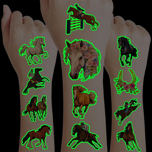 96 PCS Floral Cowgirl Horse Derby Pre-Cut Temporary Tattoos Birthday Party Favors Decorations Supplies Stickers Racing Pink Wild Horse Rodeo Cowboy Girls Boys Men Gift School Prizes Rewards (Luminous)