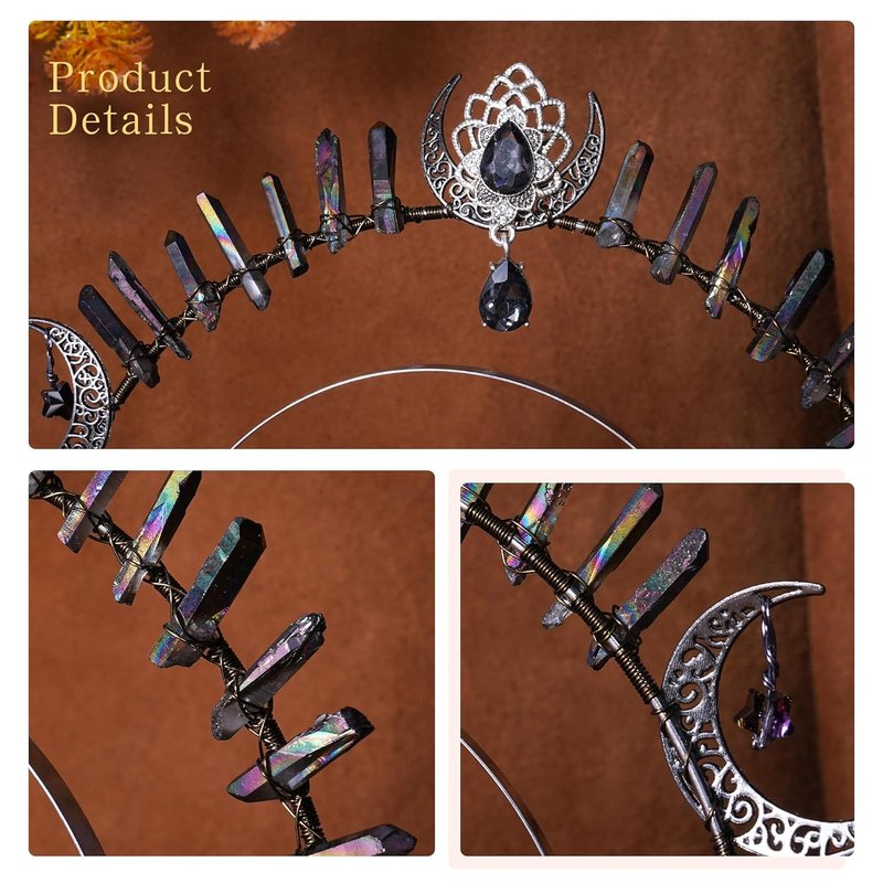 Goth Goddess Halo Crown - Black Moon Star Headband | Gothic Quartz Crystal Headdress for Festivals & Cosplay