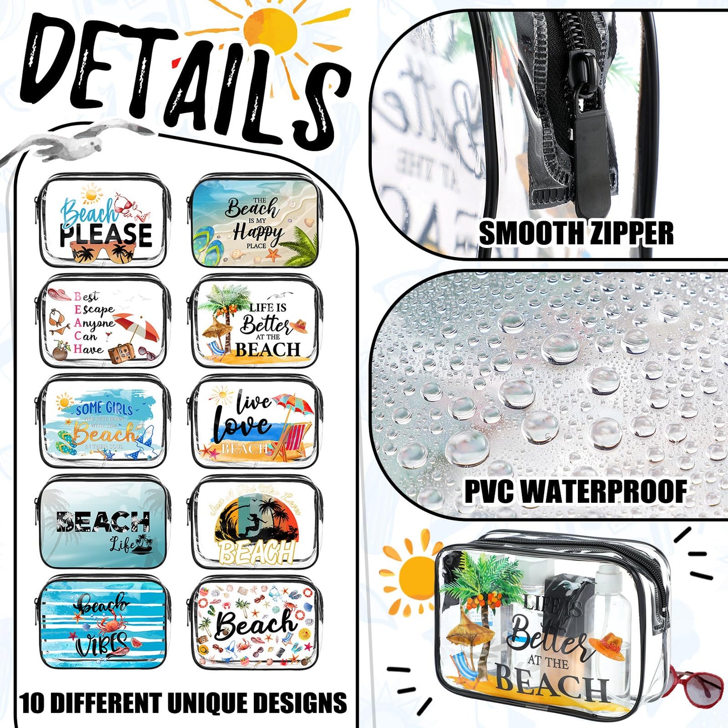 Kacctyen 10 Pcs Beach Clear Makeup Bags Gift for Women Clear Toiletry Bag Beach Cosmetic Bags Waterproof Travel Multifunction Pouch for Friend Sister Nurse Vacation Organization