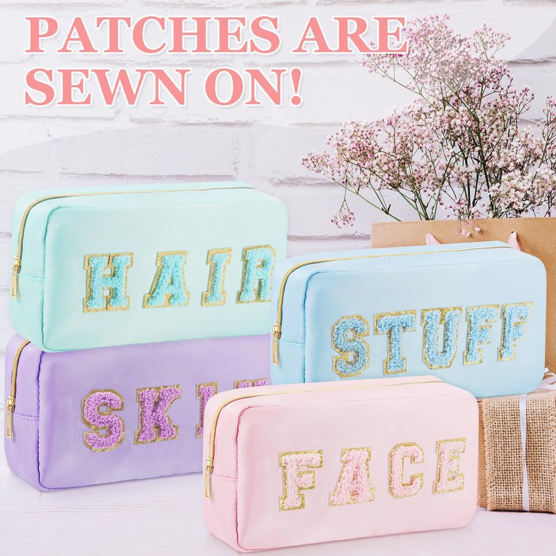 4 Pcs Travel Toiletry Bags for Women Preppy Makeup Bags Organizer Face Skin Hair Stuff Chenille Letter Pouch with Zipper Aesthetic Corduroy Skin care Hair Bag for Women Gifts