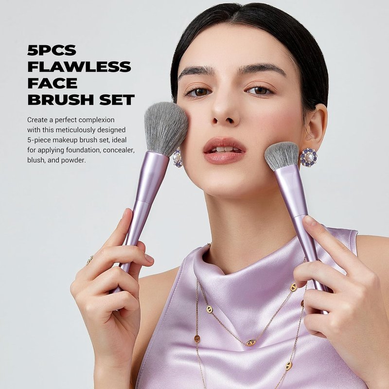 Premium Synthetic Makeup Brushes Set - 5-Piece Face Brushes for Foundation, Contour, Blush & Highlighter | Luxury Purple T514