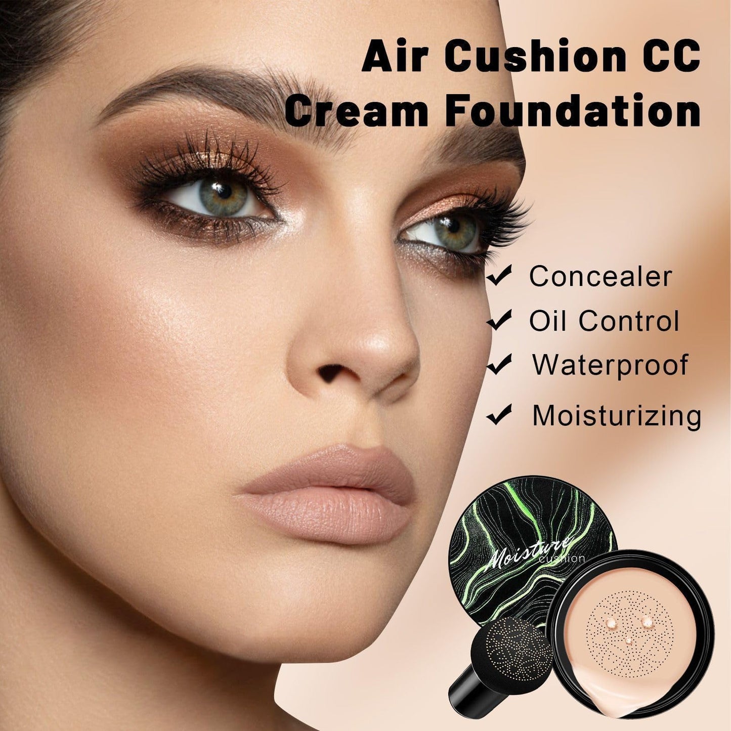 Air Cushion CC Cream Mushroom Head Foundation, Moisturizing BB Cream Concealer, Long-Lasting & Waterproof Makeup Base Primer, Even Skin Tone for All Skin Types (Natural)