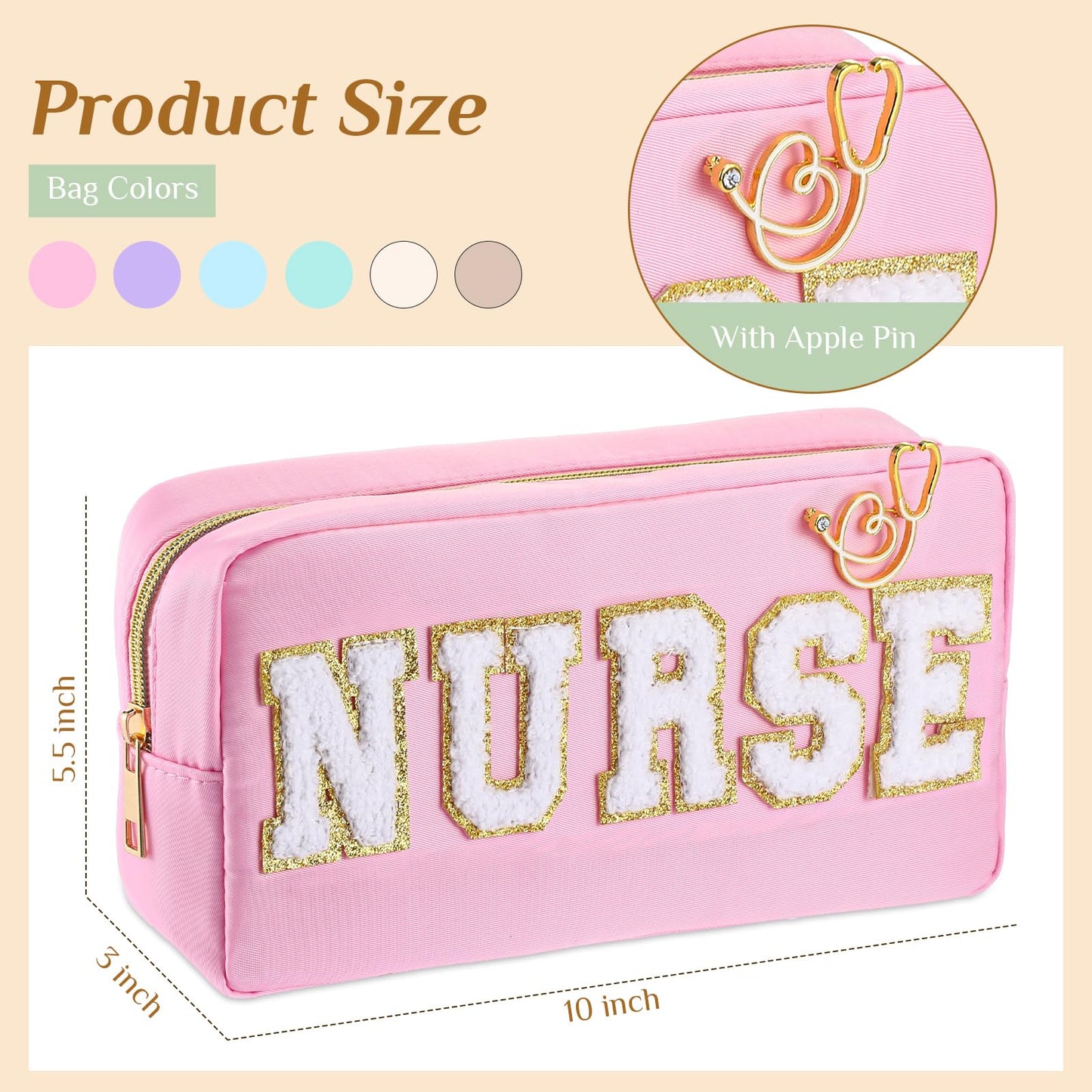 Kacctyen 6 Pcs Nurse Bags Bulk Nurses Week Appreciation Gifts Chenille Letter Makeup Bags Nurses Graduation Retirement Pouch with Gold Stethoscope Pin for Women Work Supplies