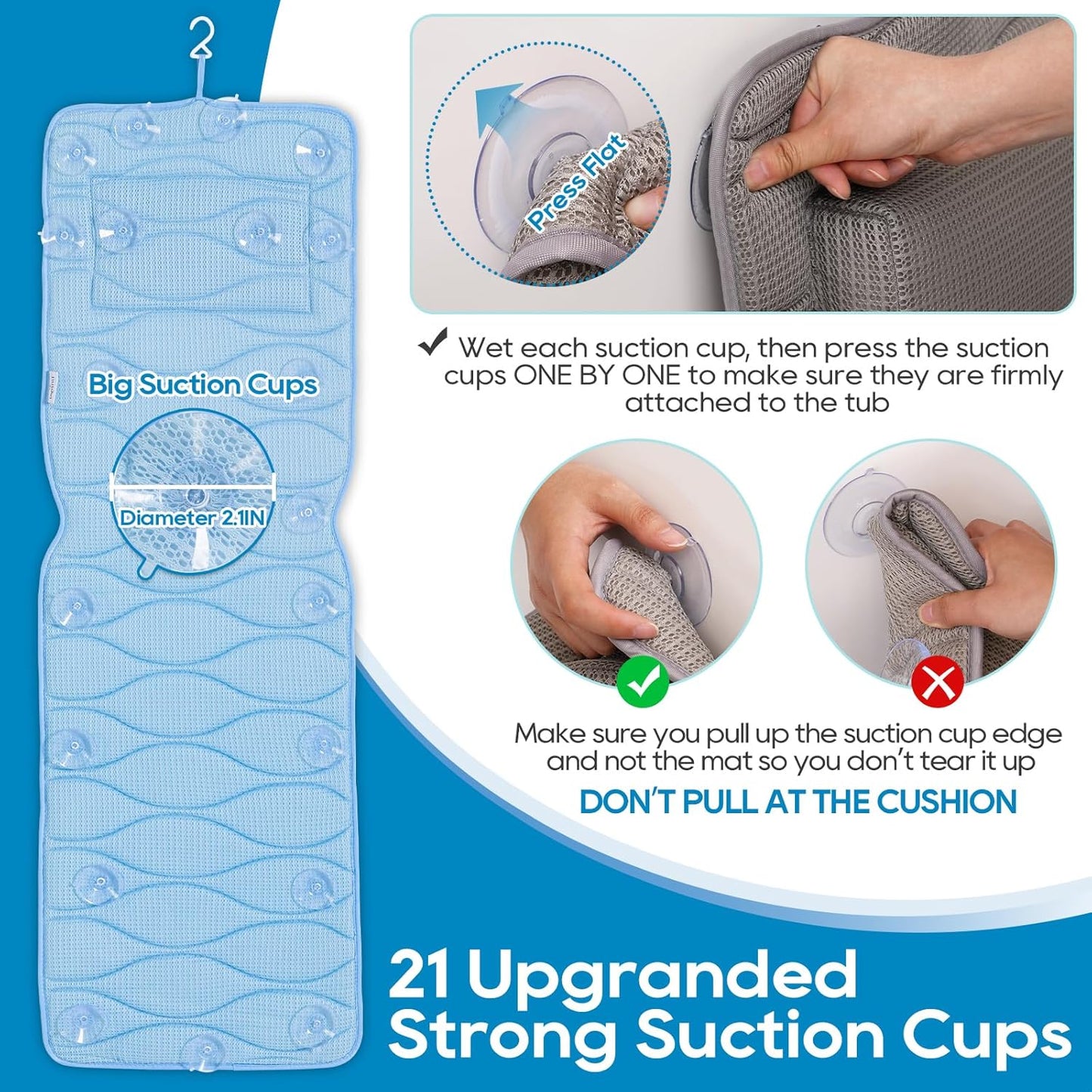 Full Body Bath Pillow - 5D Air Mesh Spa Pillow with 21 Non-Slip Suction Cups | Quick Drying, Blue