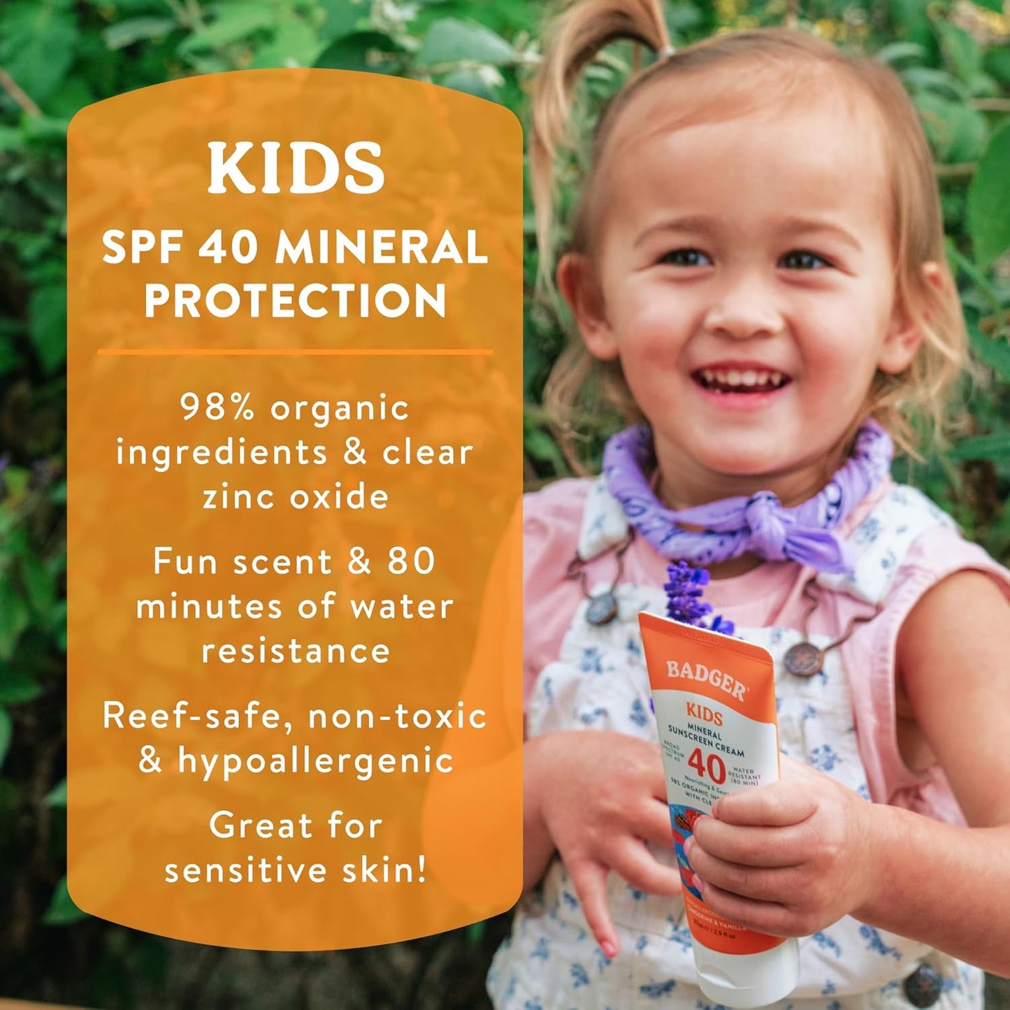 Badger Kids Mineral Sunscreen - SPF 40 Cream & SPF 35 Face Stick | 98% Organic, Water Resistant, Reef Safe, Tangerine & Vanilla Scent