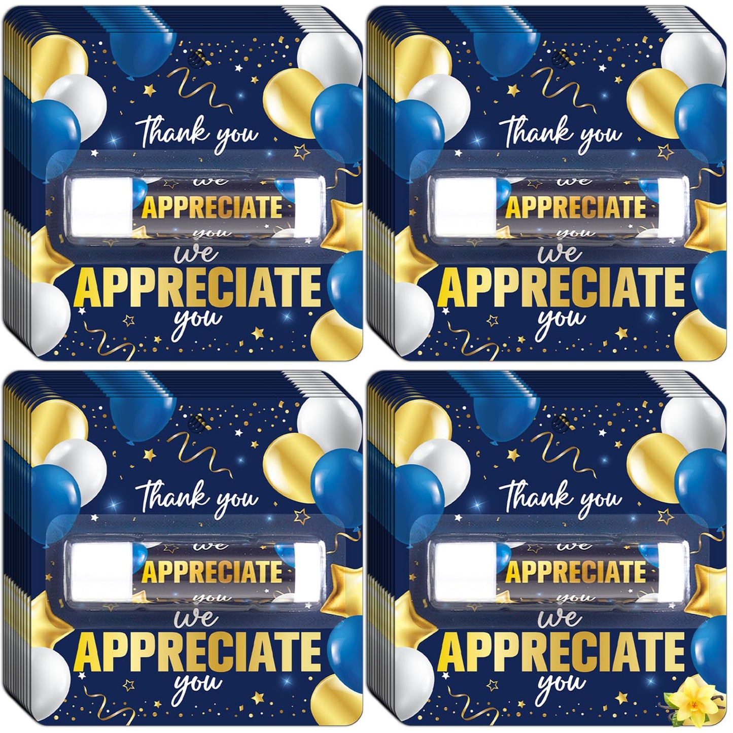 50 Pack Thank You Lip Balm Gifts Bulk, Blue Gold Graduation Lip Balm Gift, Appreciation Party Favor for Teacher Classmate Coworker Employee We Appreciate You Retirement Party Supplies