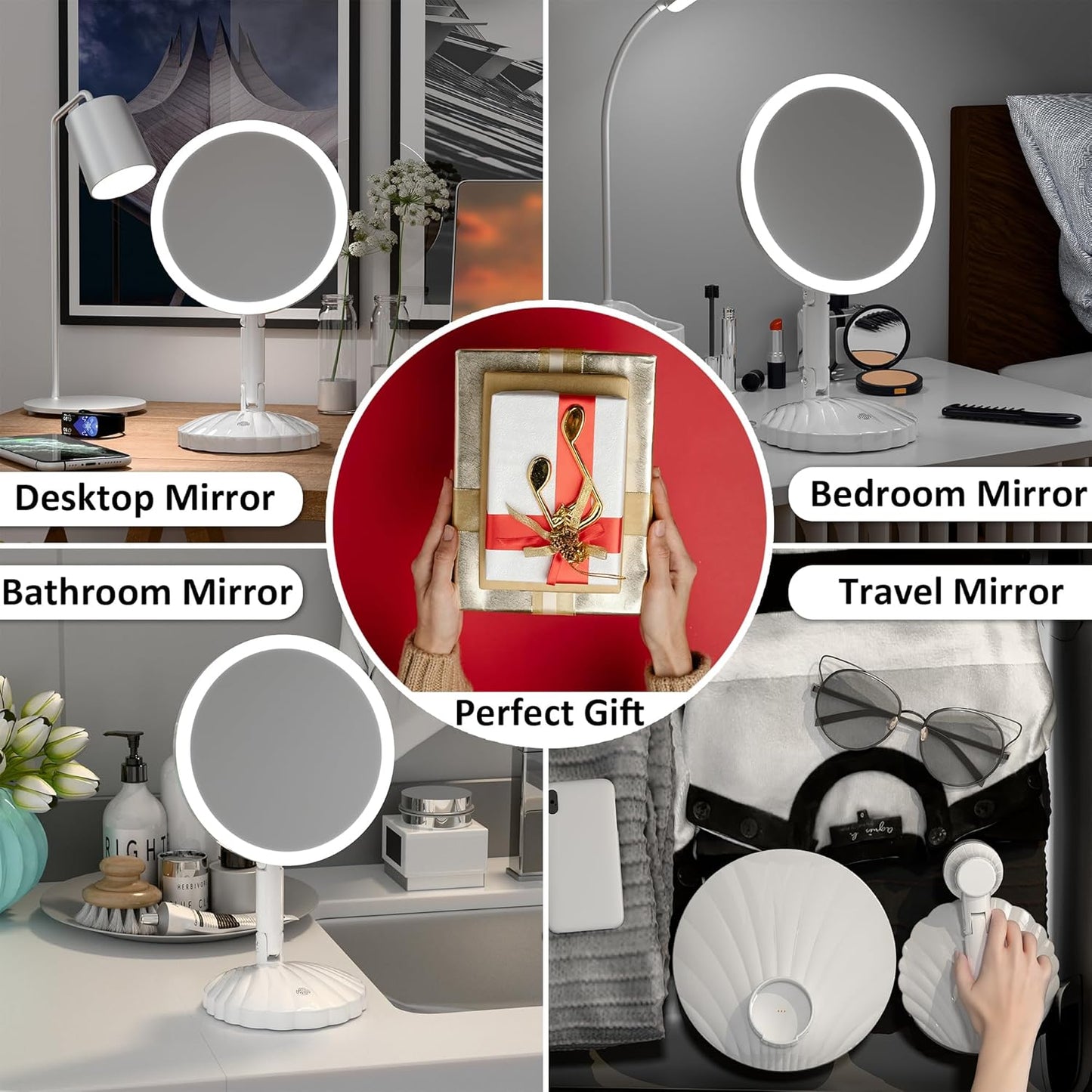 Portable Travel Vanity Mirror with Lights - Interchangeable Design & 1/15X Magnification | Stepless Adjustable Brightness, 3 Color Modes