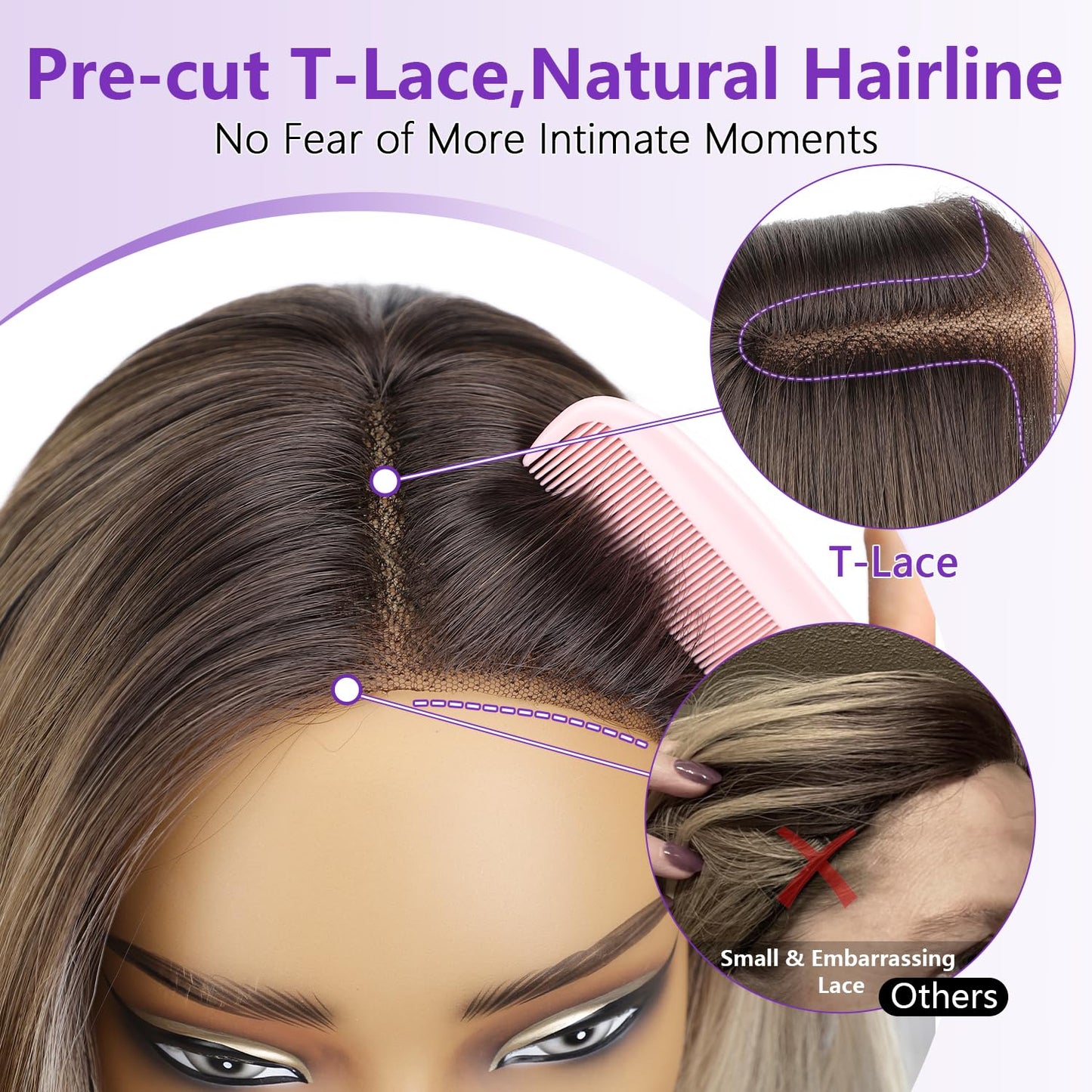 Eawwii Ombre Light Brown With Blonde Glueless Wigs for Women Pre Cut Synthetic Lace Hairline Long Layered Straight Hairstyle 26 Inch