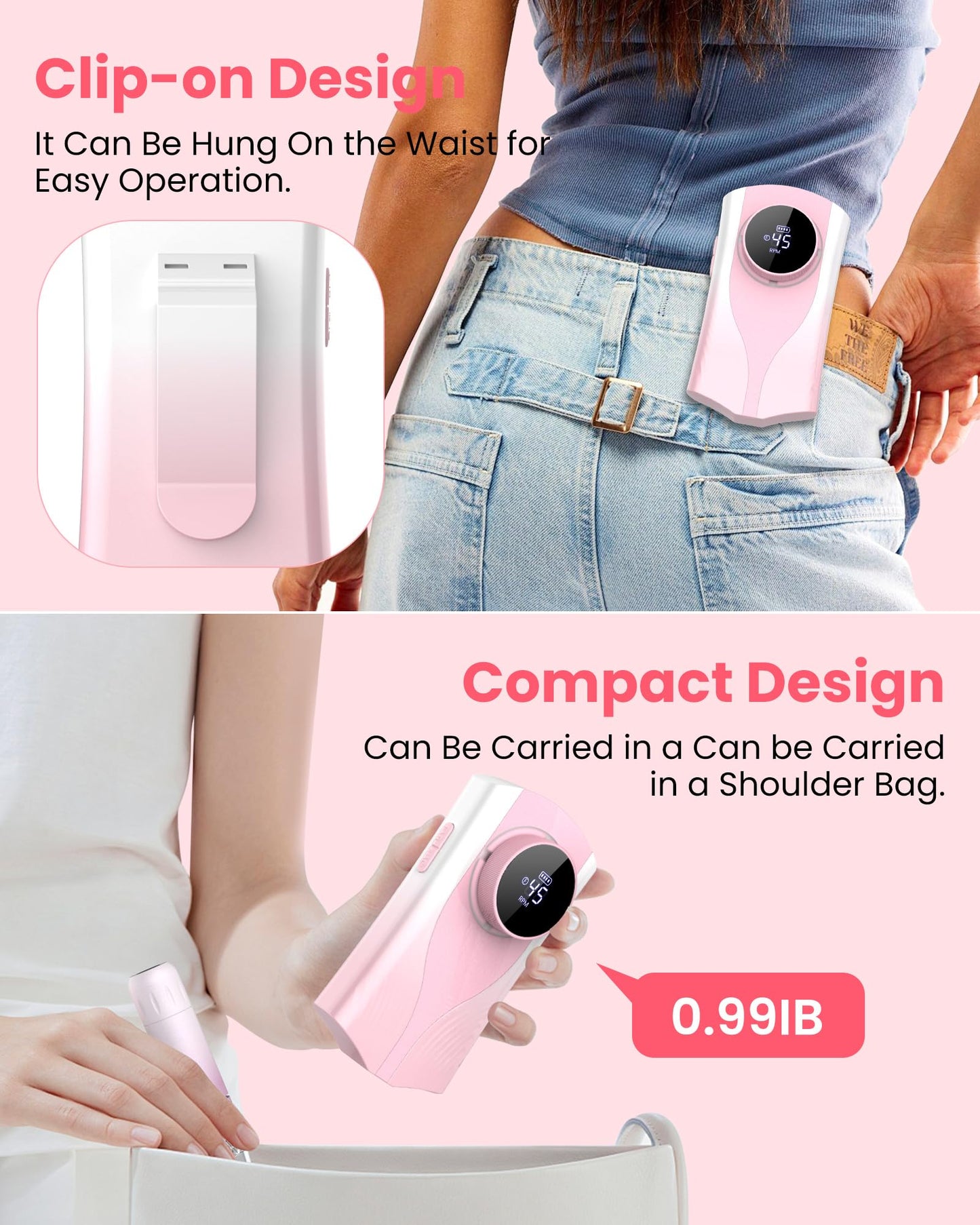 KISUFU Professional Nail Drill for Nail Technicians - 45000RPM Electric Nail File with 1800mAh Battery - Portable E-File with Digital Display and Belt Clip - Gradient Pink Manicure Set with 6 Bits.