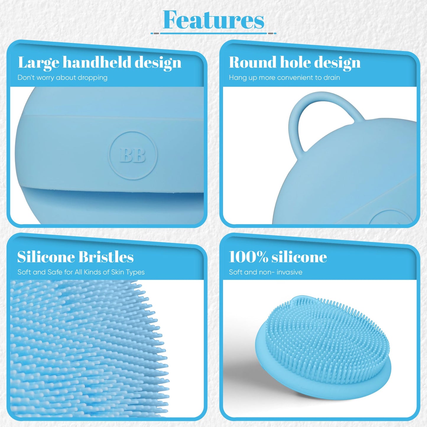 Blessence Body Silicone Scrubber - Blue Exfoliating Body Scrubber with Handle, Shower Brush & Bath Sponges for Personal Care
