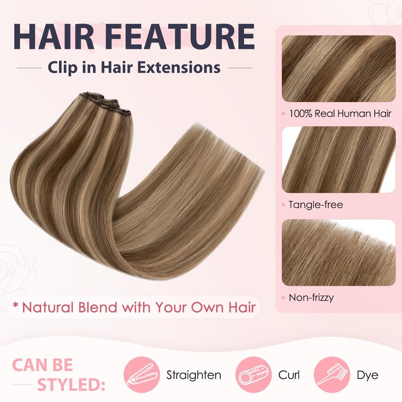 TESS 3 PCS Hair Extensions Clip ins Real Human Hair Straight Hair Extension for Women Soft Lace Wefts Invisible Clip in 16 Inches Chocolate Brown Mixed Light Brown