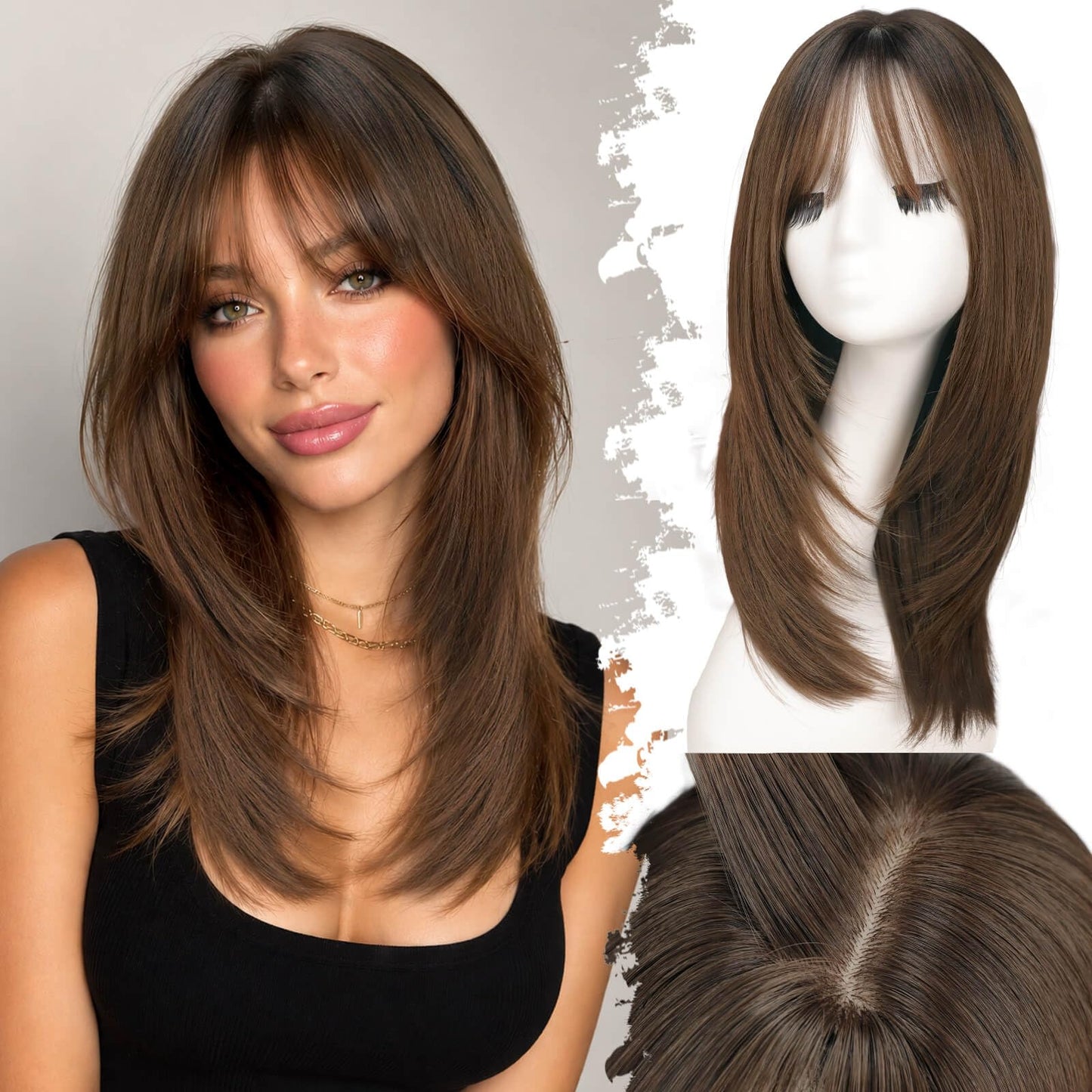 Eawwii Wig with Bangs for Women,Brown Synthetic 4x4 Scalp Wigs